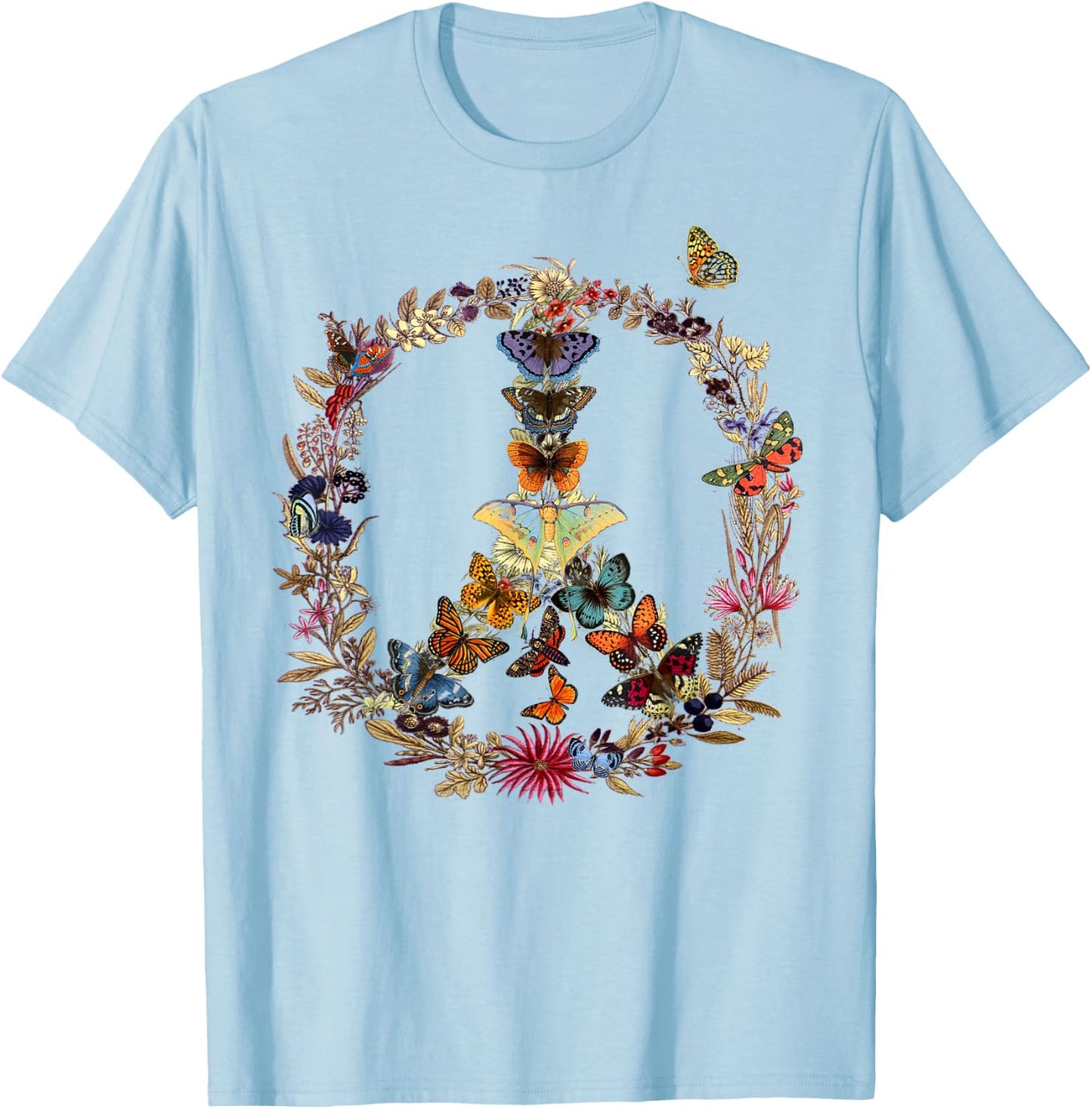 Peace Sign Butterflies flowers 60's 70s Retro Hippie T-Shirt - T-Shirt | Light Blue