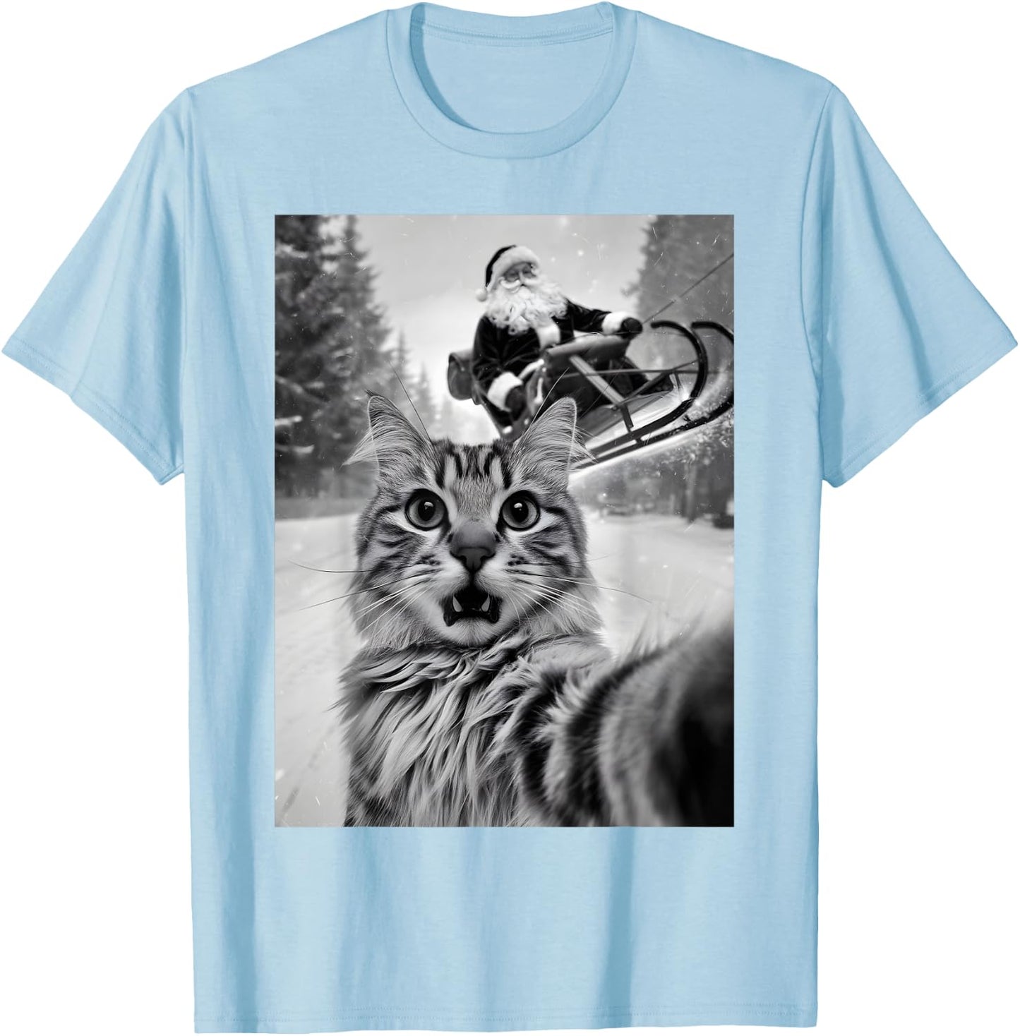 Christmas Cat Selfie With Santa Claus Sleigh Merry X-Mas Men Women Kids T-Shirt - T-Shirt | Light Blue
