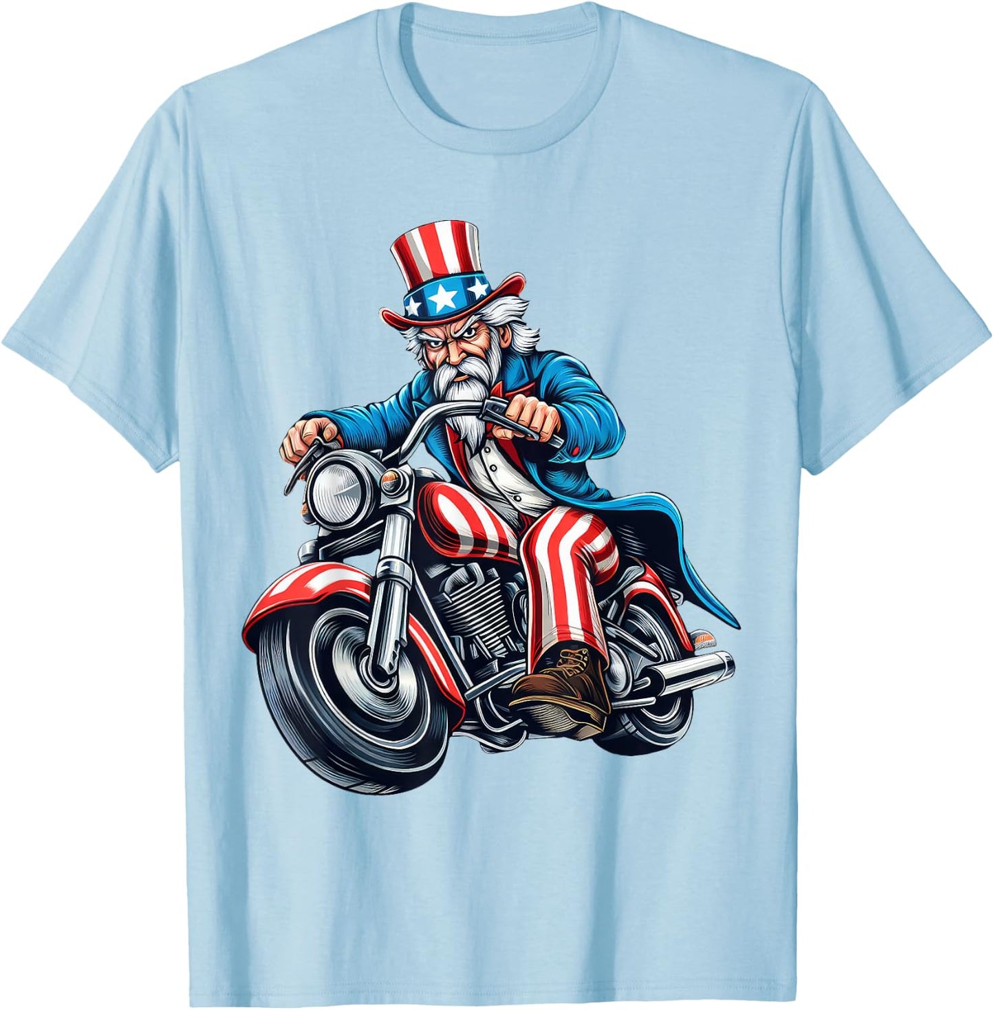 Uncle Sam Riding Motorcycle 4th of July Biker Motorcyclist T-Shirt - T-Shirt | Light Blue