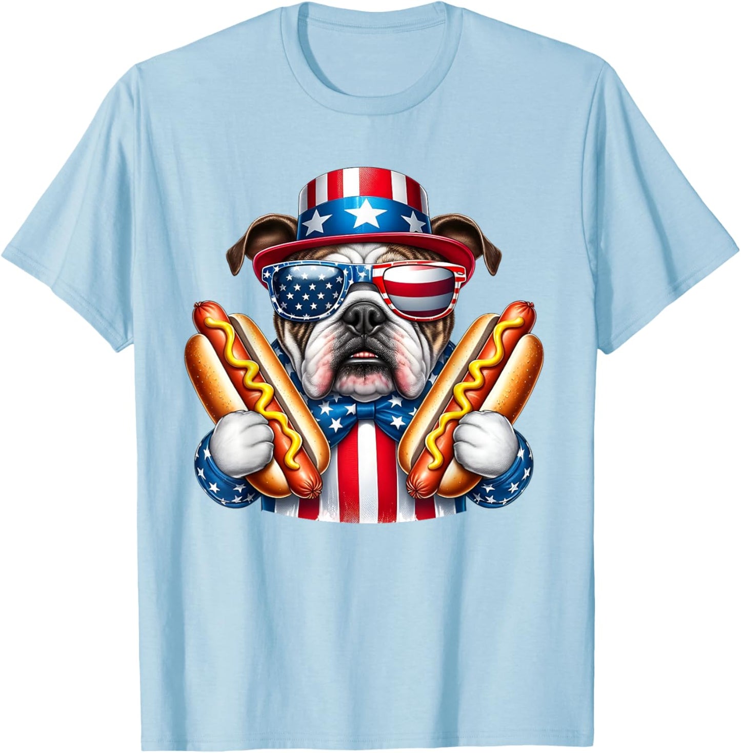 English Bulldog Dog 4th of July Hotdog USA Flag Patriotic T-Shirt - T-Shirt | Light Blue