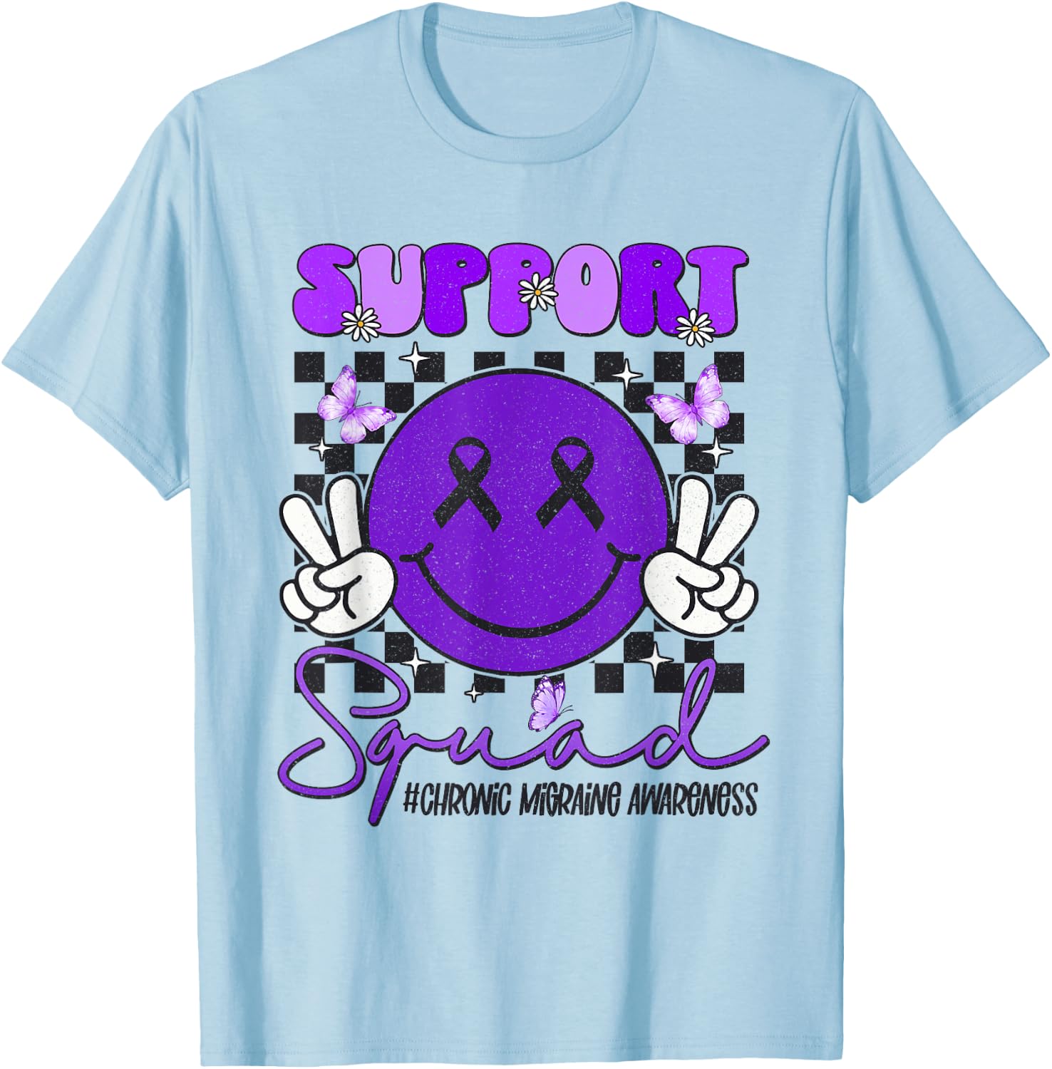 Chronic Migraine Awareness Support Smile Face Purple Ribbon T-Shirt - T-Shirt | Light Blue