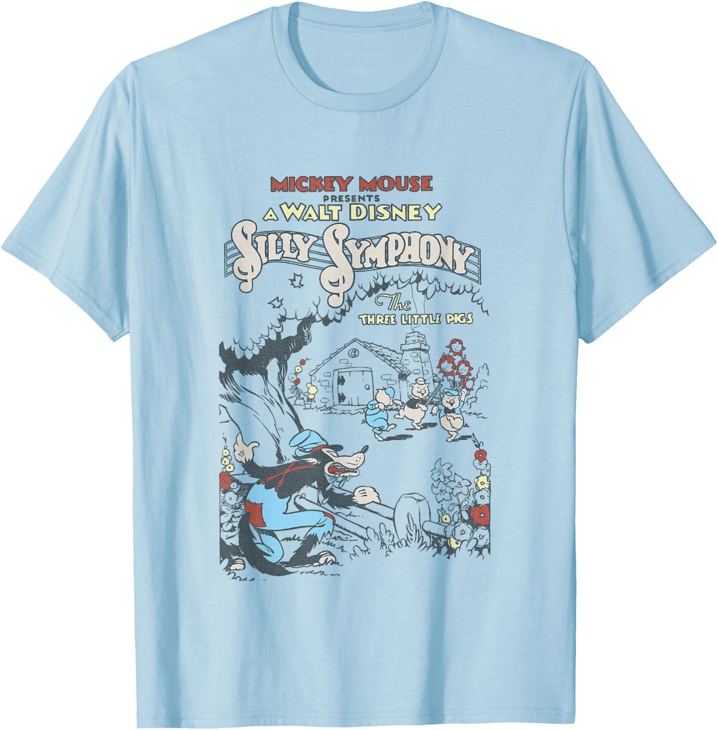 Disney Silly Symphonies Present The Three Little Pigs Retro T-Shirt - T-Shirt | Light Blue
