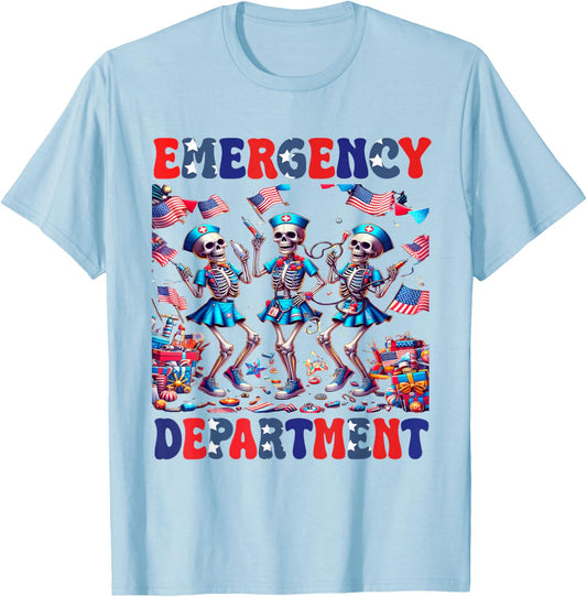 Nurse Skeleton Emergency Department 4th Of July Nurses T-Shirt - T-Shirt | Light Blue