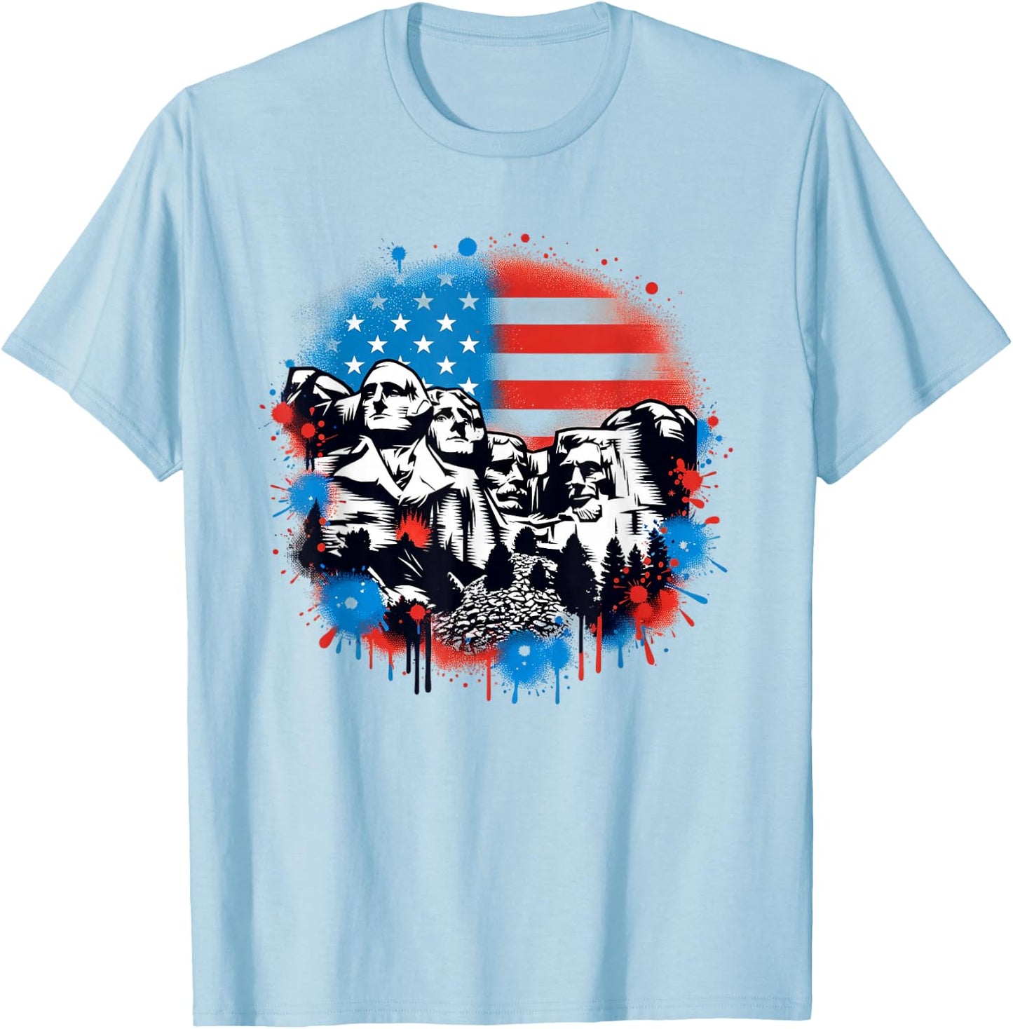 Mount Rushmore Paint Splatter American Flag USA Pride T-Shirt - T-Shirt | Light Blue