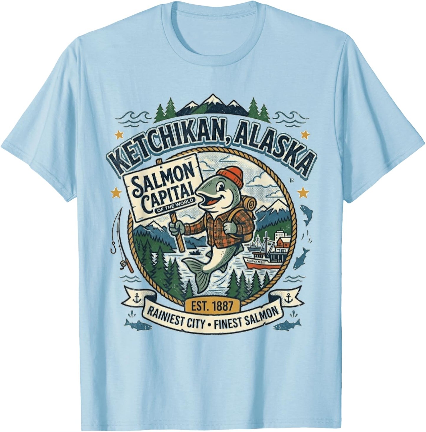 Ketchikan, Alaska - Salmon Capital - Vintage Mascot Logo T-Shirt - T-Shirt | Light Blue