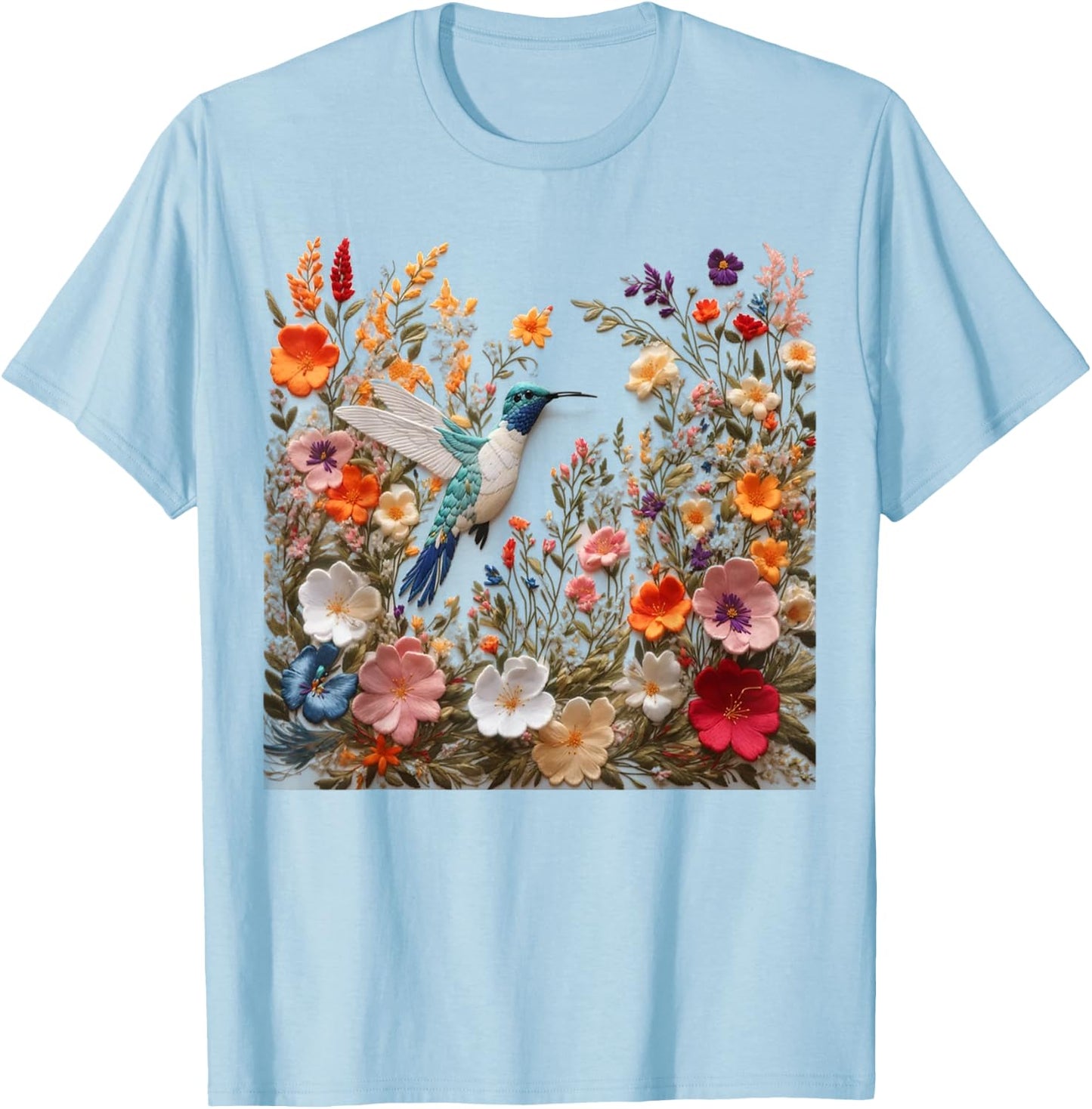 Embroidered Flower Hummingbird Floral Hummingbird in Bloom T-Shirt - T-Shirt | Light Blue