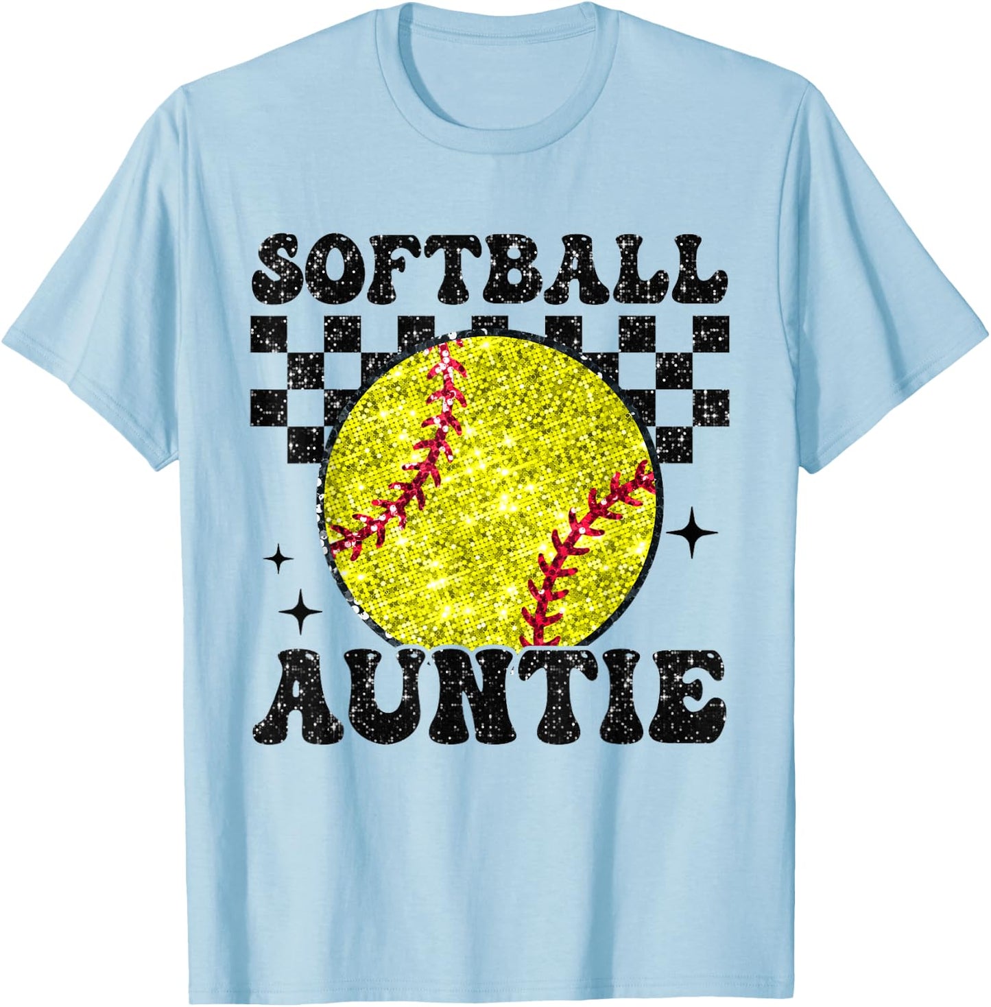 Softball Auntie Checkered Retro Funny Softball Aunt Family T-Shirt - T-Shirt | Light Blue