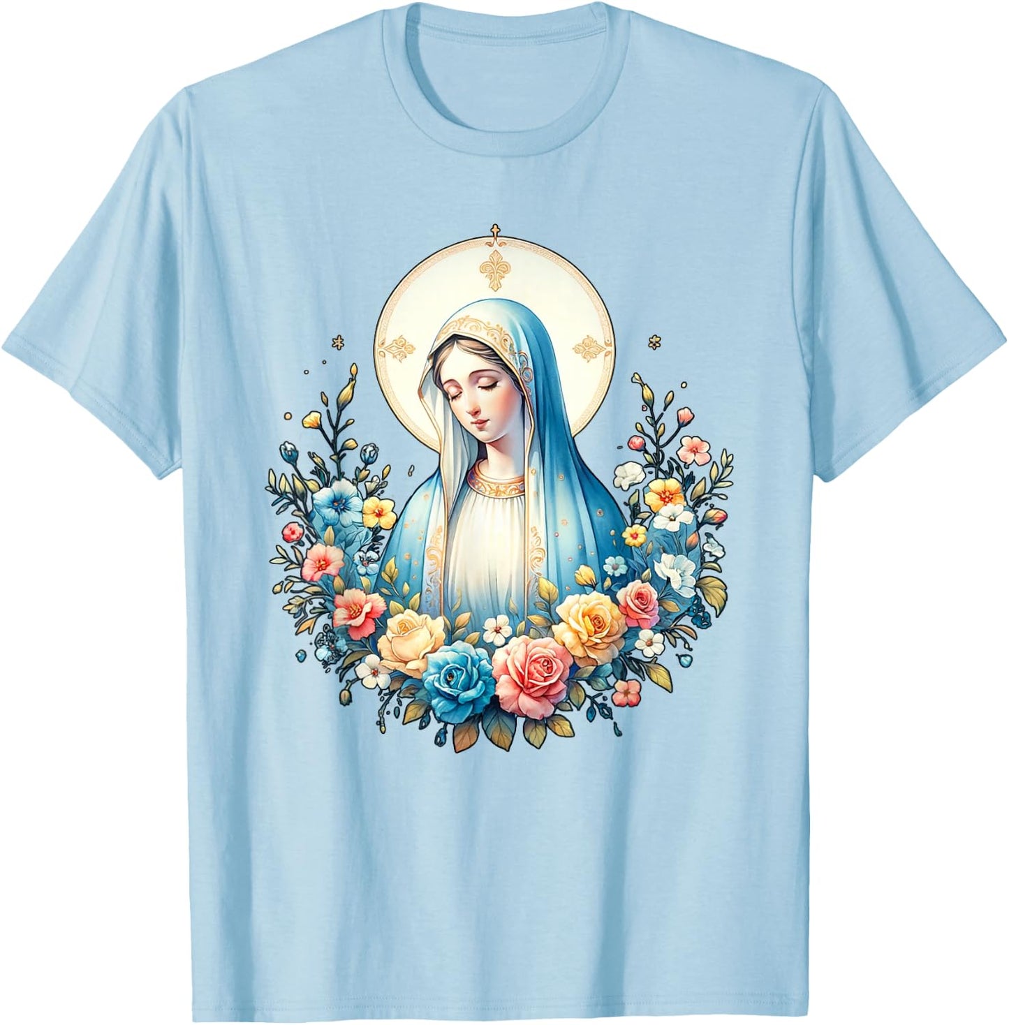 Our Lady of Lourdes Powerful Symbol Saint Mary Mother Mary T-Shirt - T-Shirt | Light Blue
