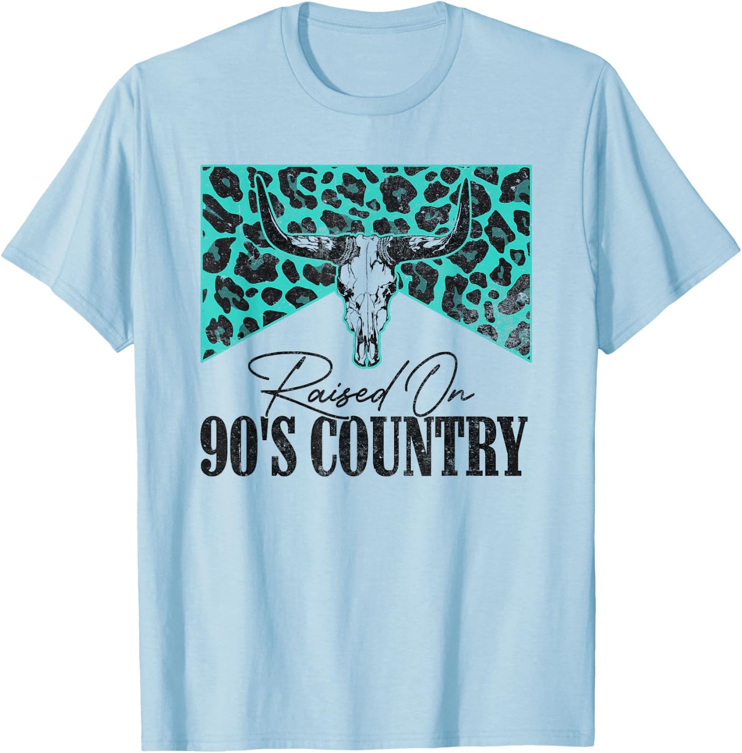Vintage Leopard Bull Skull Raised On 90's Country Music T-Shirt - T-Shirt | Light Blue