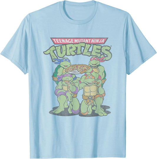 Teenage Mutant Ninja Turtles Eating Pizza Vintage Group Shot T-Shirt - T-Shirt | Light Blue