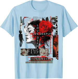 Rose | Frontprint | Art Women Graphic Artwork Rose T-Shirt - T-Shirt | Light Blue