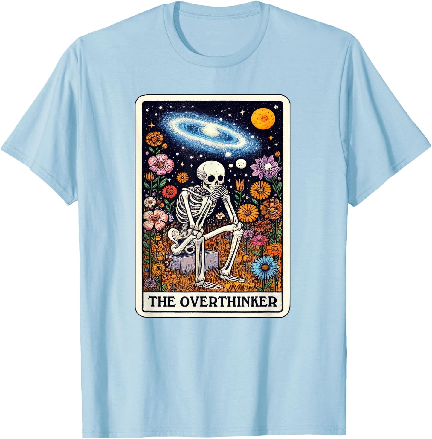 Funny Over Thinker Cool Tarot Card Skeleton Graphic T-Shirt - T-Shirt | Light Blue