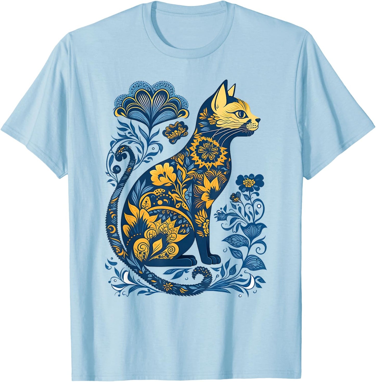 Ukraine Cat Floral Vintage Ukrainian Flag & Vyshyvanka Style T-Shirt - T-Shirt | Light Blue