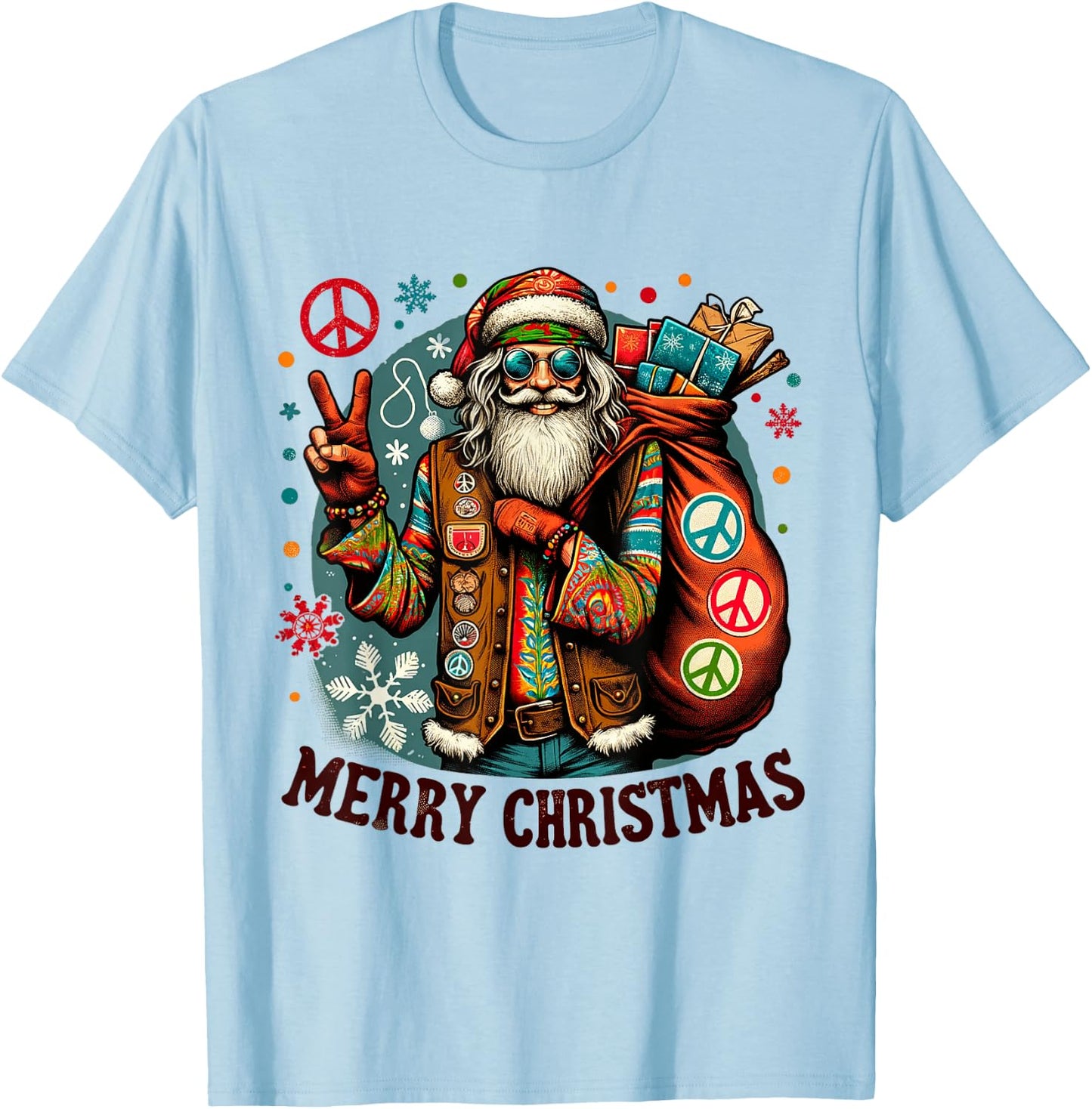 Hippie Santa Claus Christmas Peace Love & Merry X-Mas Winter T-Shirt - T-Shirt | Light Blue