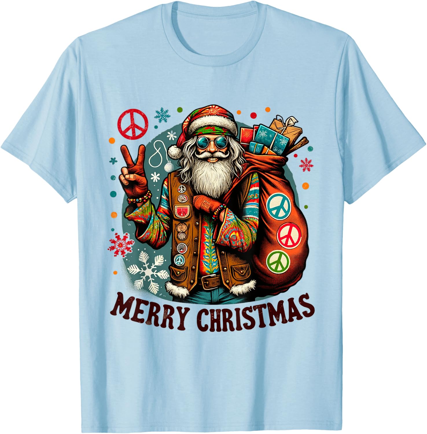 Hippie Santa Claus Christmas Peace Love & Merry X-Mas Winter T-Shirt - T-Shirt | Light Blue