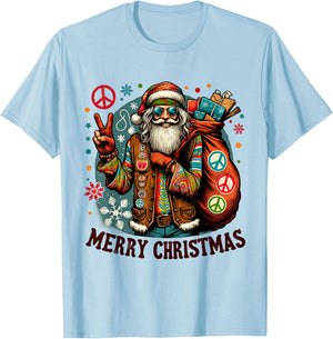 Hippie Santa Claus Christmas Peace Love & Merry X-Mas Winter T-Shirt - T-Shirt | Light Blue