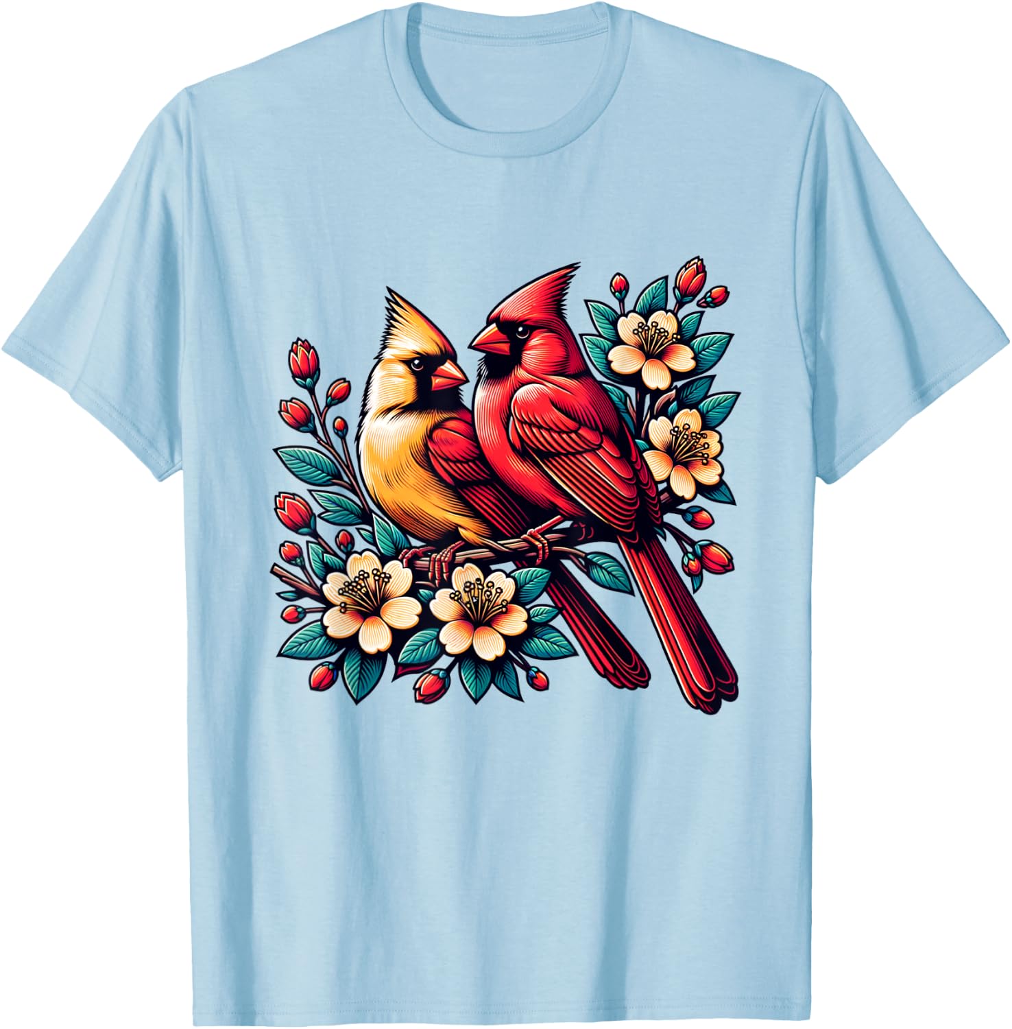 Cute Red Cardinal Couple on Flowering Branch Spring lovers T-Shirt - T-Shirt | Light Blue