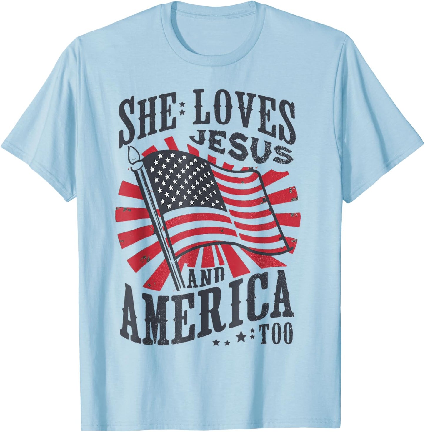 She Loves Jesus And America Too USA Flag 4th of july T-Shirt - T-Shirt | Light Blue