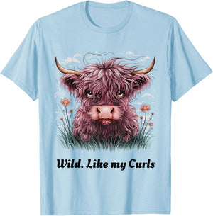 Kids Highland Cow "Wild Like My Curls" I Love Curls Toddler T-Shirt - T-Shirt | Light Blue