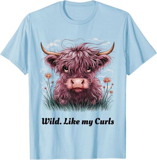 Kids Highland Cow "Wild Like My Curls" I Love Curls Toddler T-Shirt - T-Shirt | Light Blue