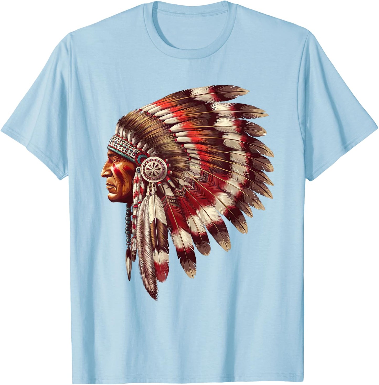 Native American Chief Headdress Intricate Feather Heritage T-Shirt - T-Shirt | Light Blue
