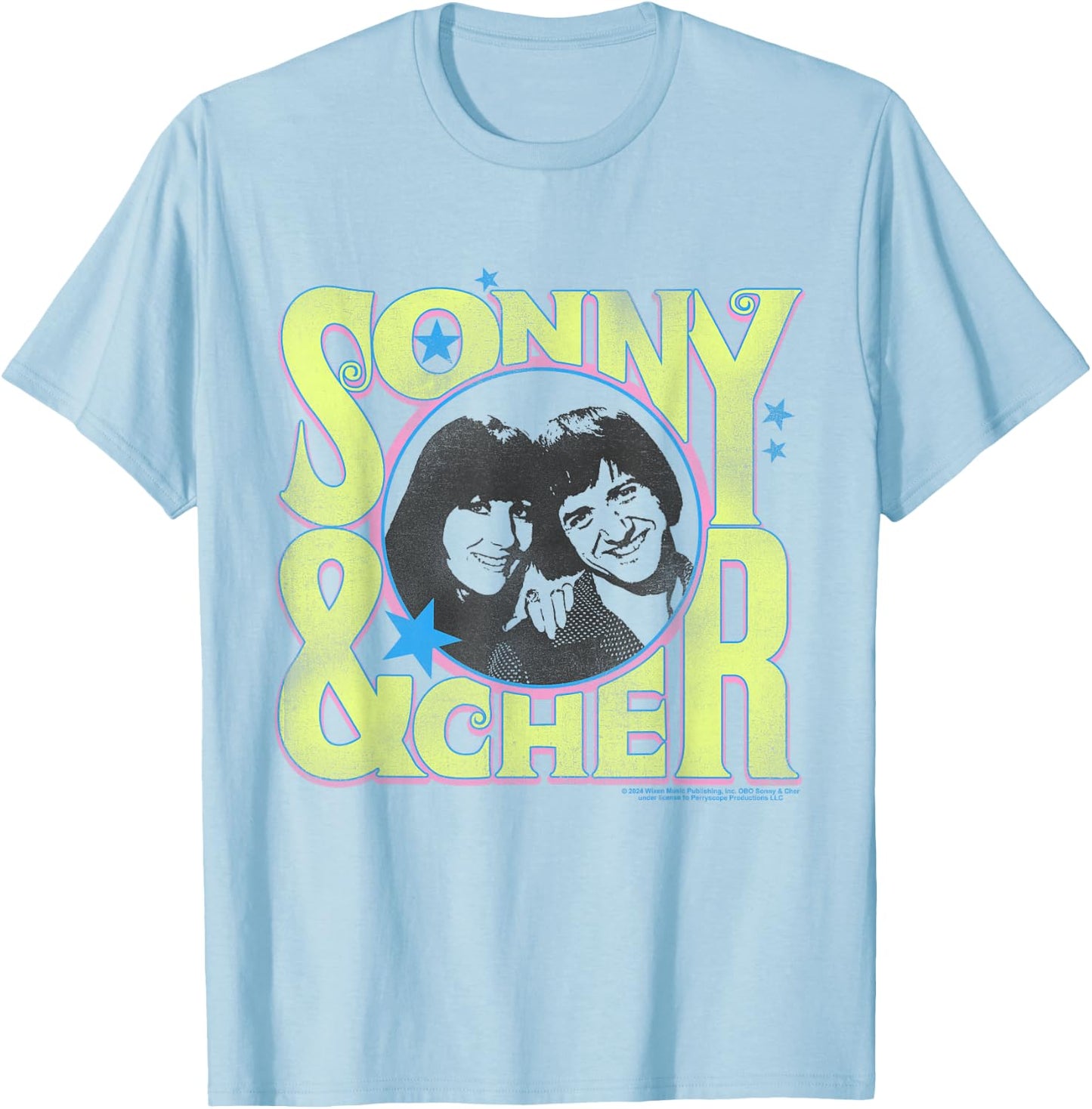 Popfunk Sonny and Cher Retro Circle Logo , Small, Grey T-Shirt - T-Shirt | Light Blue
