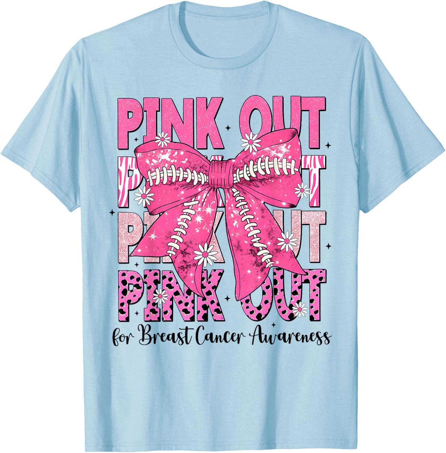 Pink Out Football Team Breast Cancer Awareness Coquette Bow T-Shirt - T-Shirt | Light Blue