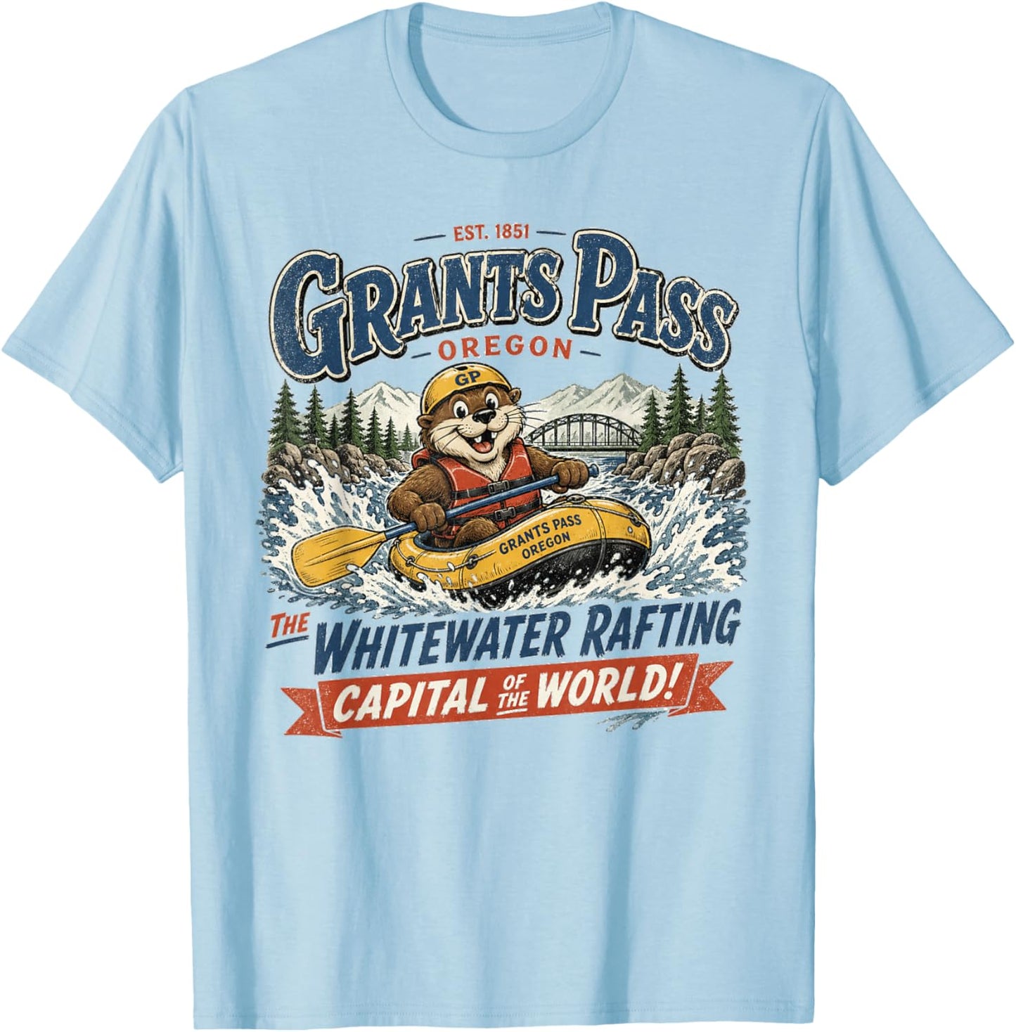 Grants Pass Oregon Whitewater Rafting Capital Vintage Logo T-Shirt - T-Shirt | Light Blue