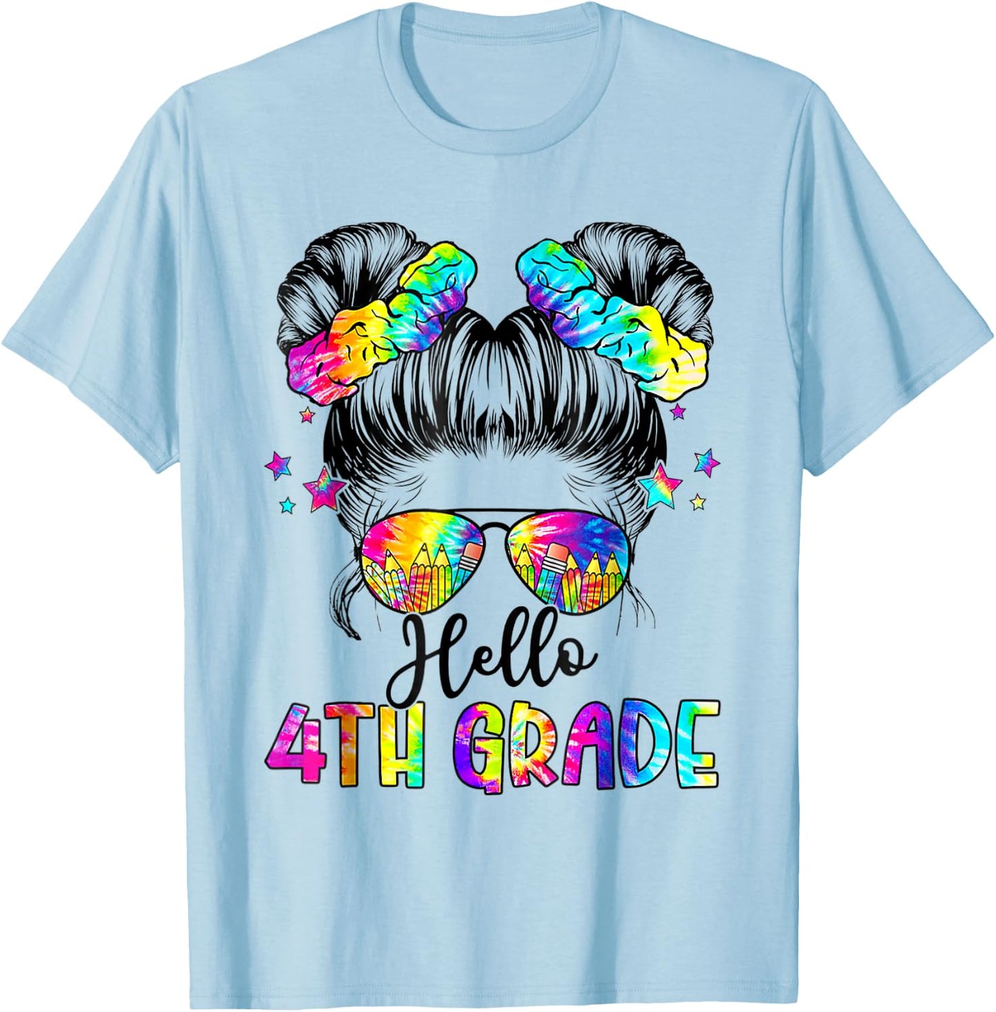 Hello 4th Grade Messy Hair Bun Girl Back To School First Day T-Shirt - T-Shirt | Light Blue
