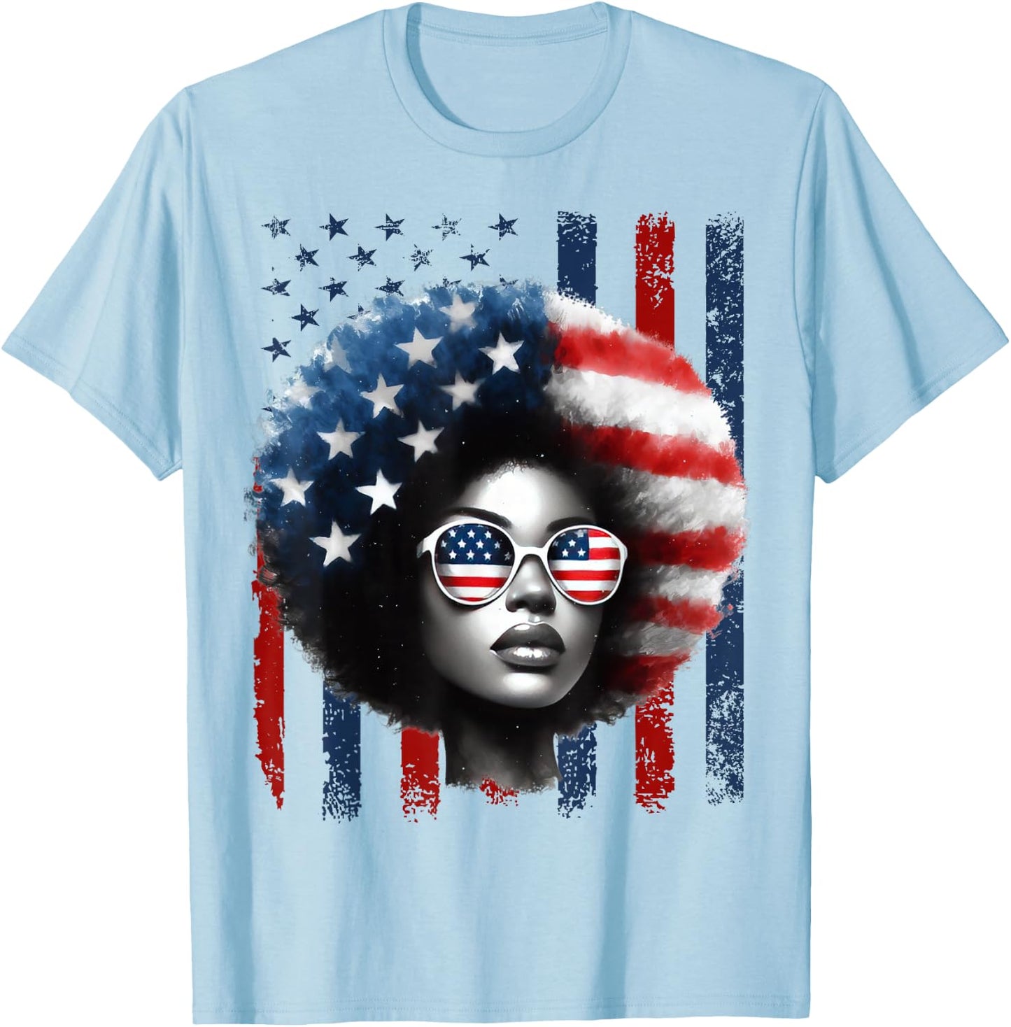 Black African American Women Patriotic Messy Bun 4th of July T-Shirt - T-Shirt | Light Blue