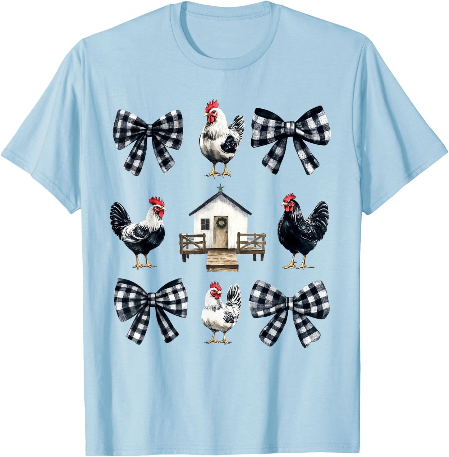 Chicken Farm Funny Aesthetic Bows Clothing Girly -Kids -Adults Grey Small Chicken Coquette Bows Design Classic Fit T-Shirt - T-Shirt | Light Blue
