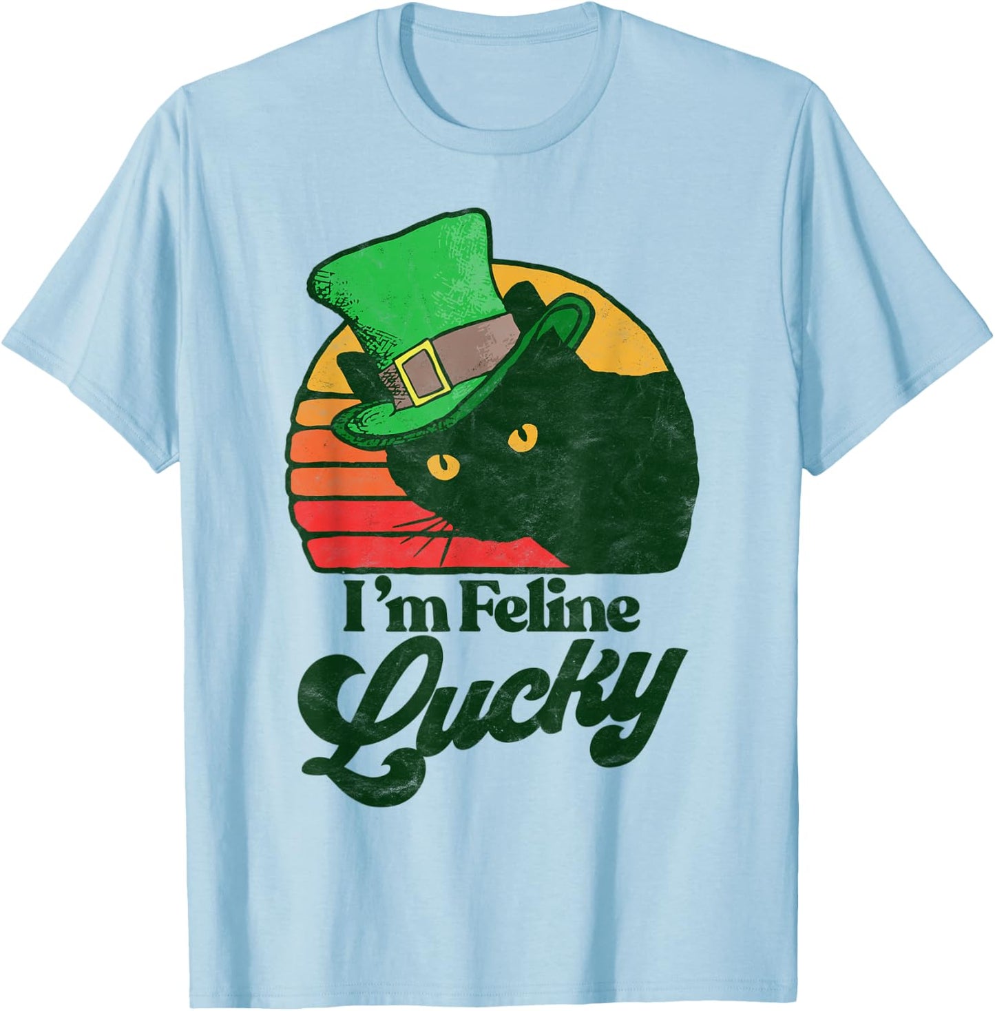 Feline Lucky Vintage St Patricks Day Funny Cat Distressed Women Kids T-Shirt - T-Shirt | Light Blue