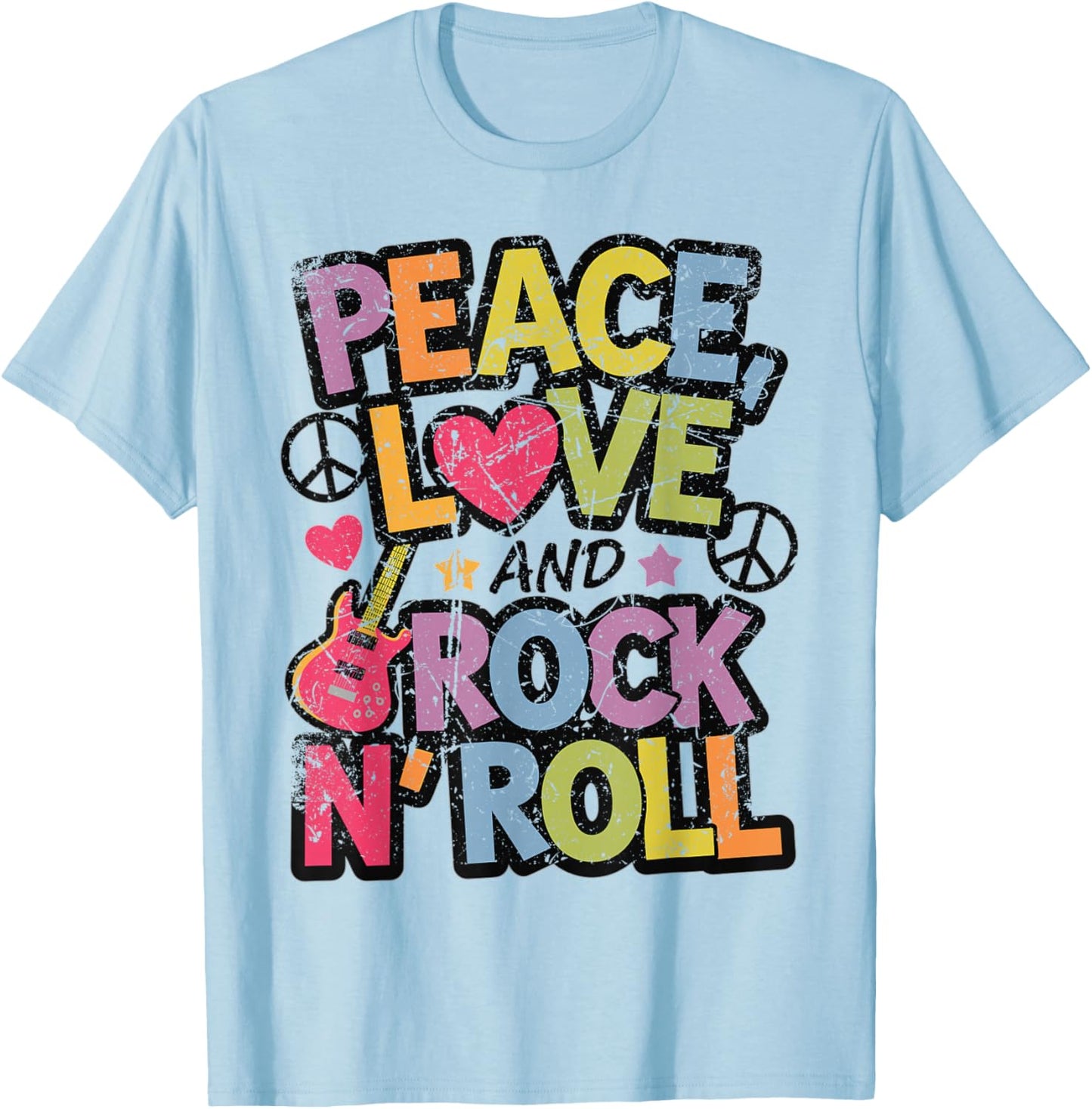 Peace, Love, and Rock 'n' Roll Retro Music-Inspired Graphi T-Shirt - T-Shirt | Light Blue