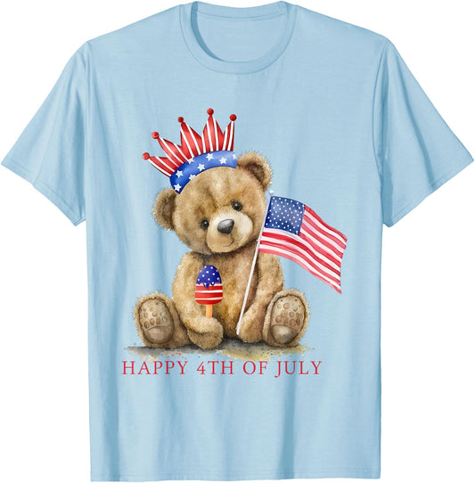 Happy 4th Of July Patriotic Cute Teddy Bear Women Girls Kids T-Shirt - T-Shirt | Light Blue