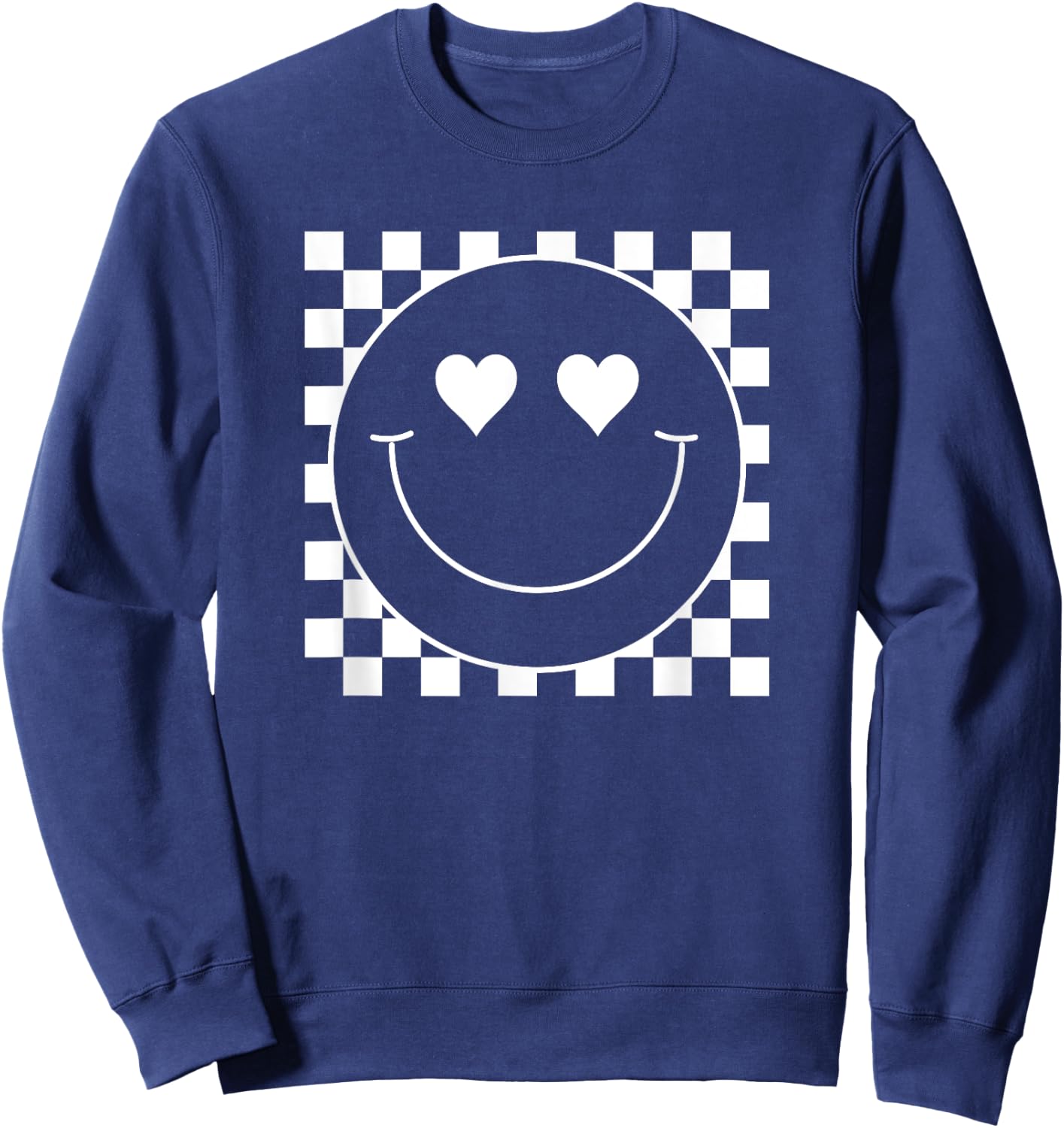White Checkered 80s Heart Eyes Smile Face Shirt Happy Face Sweatshirt - Sweatshirt | Navy