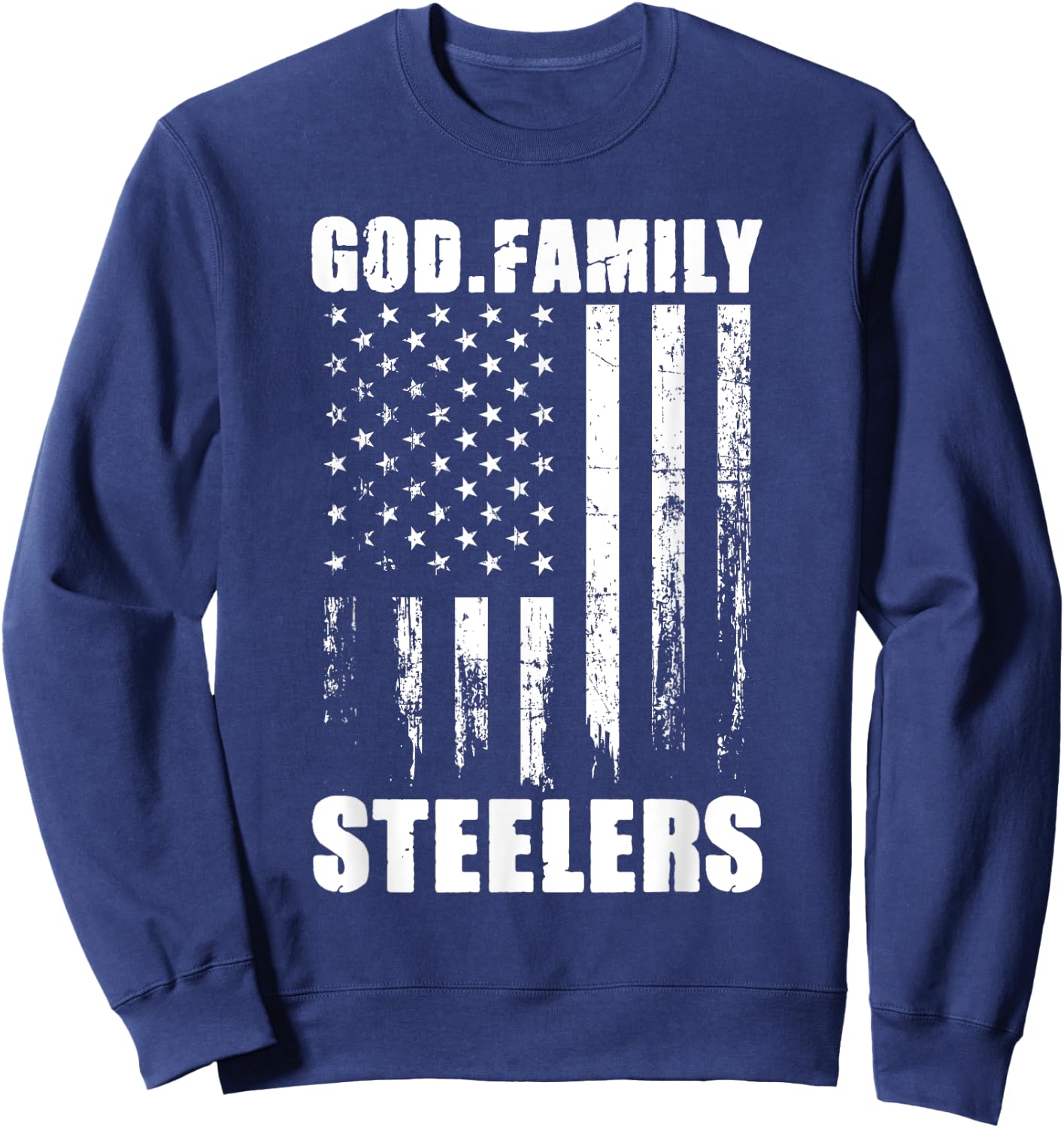 God. Family. Steelers. Vintage USA Flag Sweatshirt - Sweatshirt | Navy