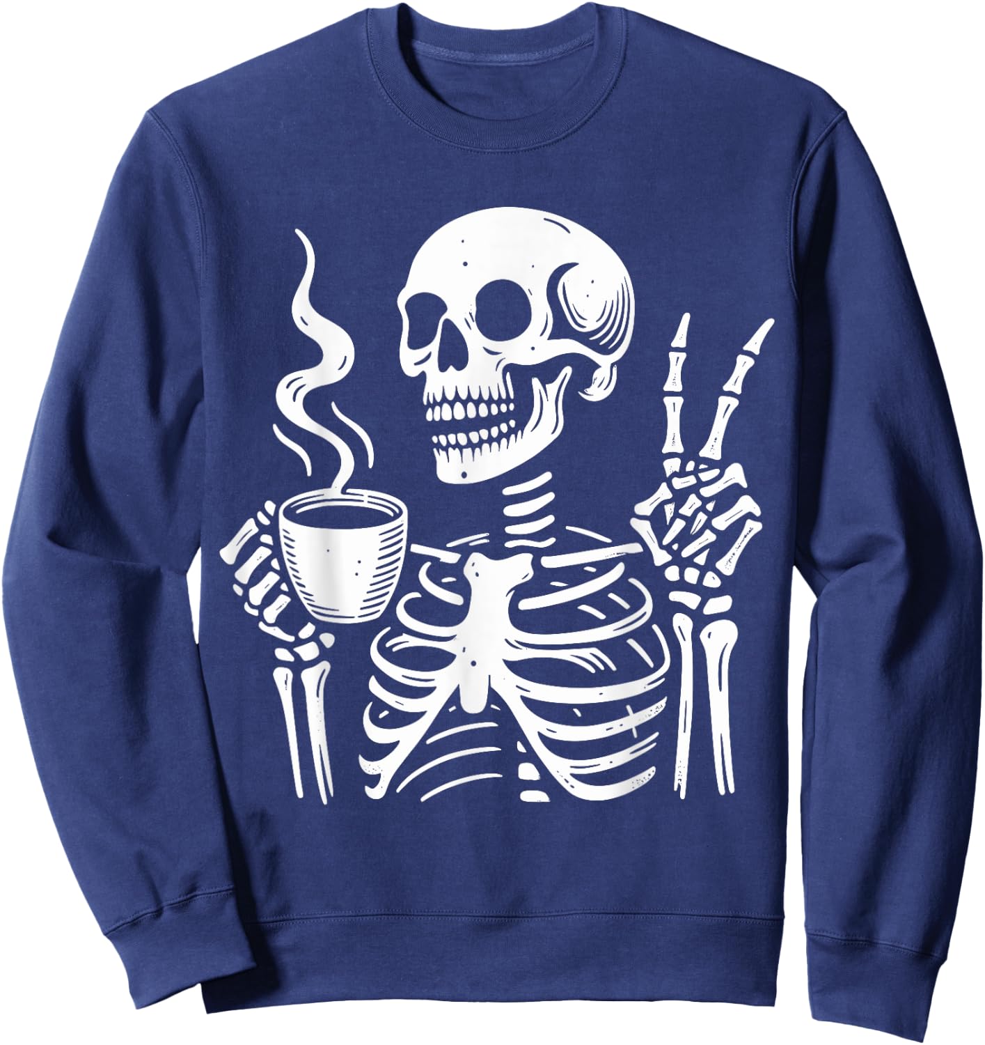 Skeleton Drinking Coffee Gothic Peace Sign Halloween Hippie Sweatshirt - Sweatshirt | Navy