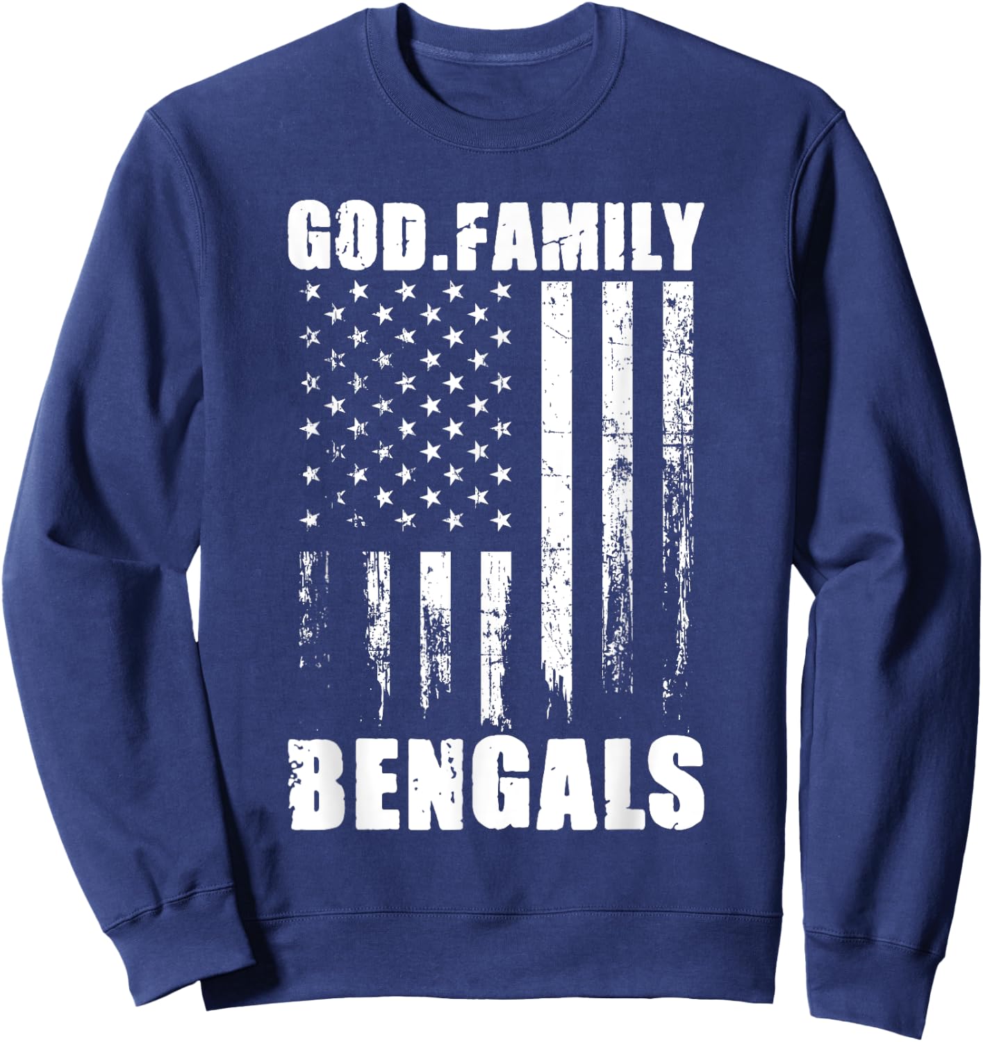 God. Family. Bengals. Vintage USA Flag Sweatshirt - Sweatshirt | Navy