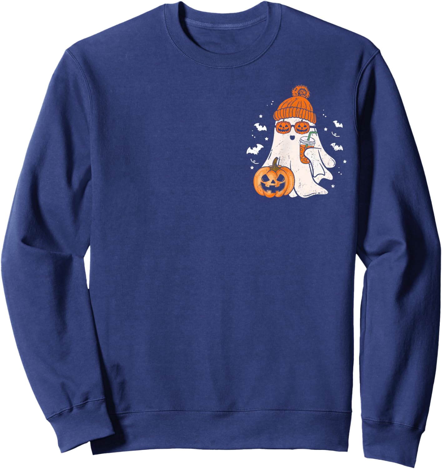 Cute Ghost Drinking Ice Coffee Funny Halloween Pumpkin Spice Sweatshirt - Sweatshirt | Navy