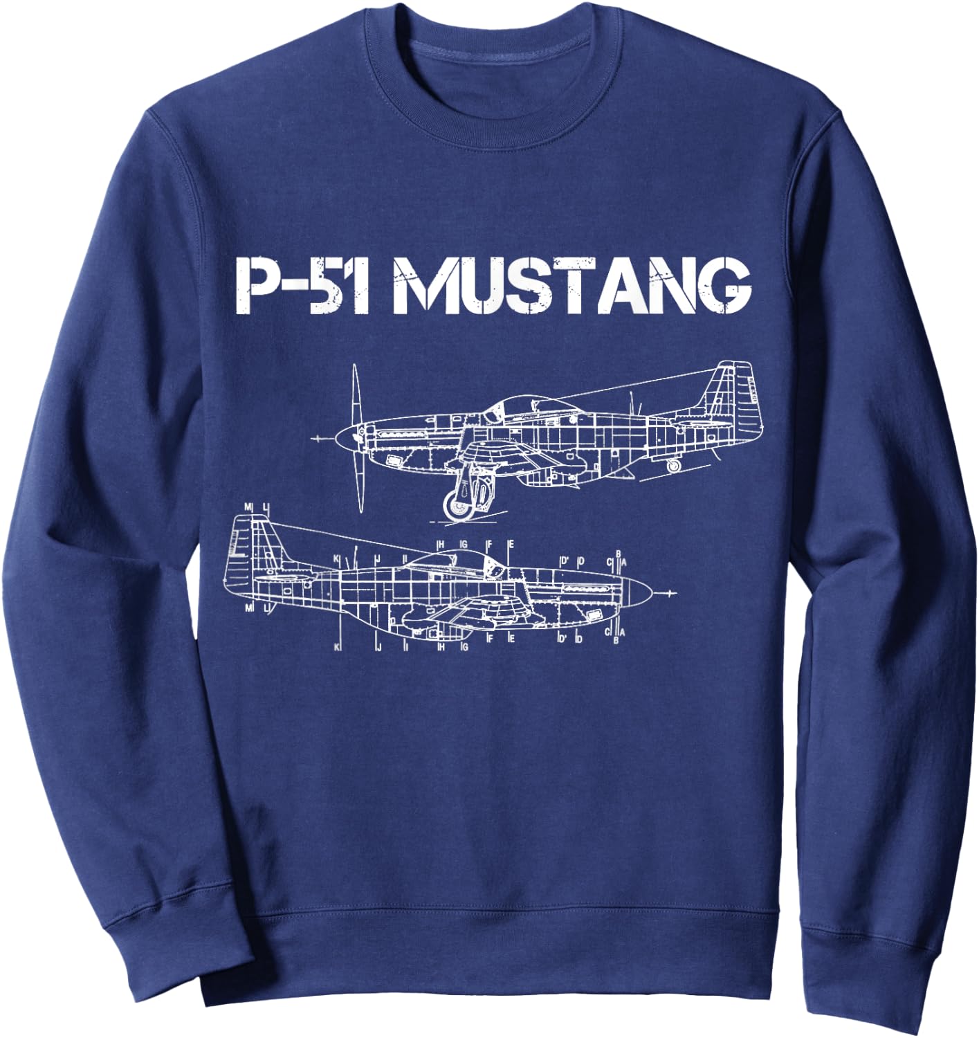 North American P-51 Mustang WW2 Fighter Blueprint Sweatshirt - Sweatshirt | Navy