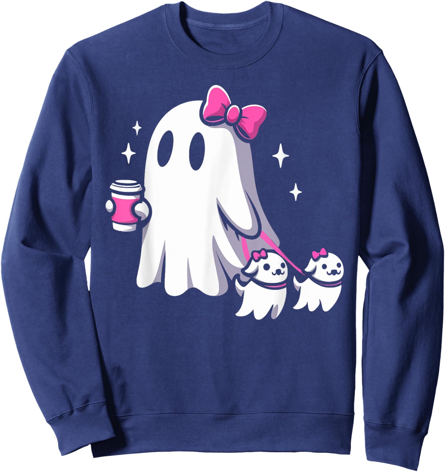 Halloween Cute Ghost Walking Dog Spooky Pink Coquette Ghost Men Women Girls Kids Sweatshirt - Sweatshirt | Navy