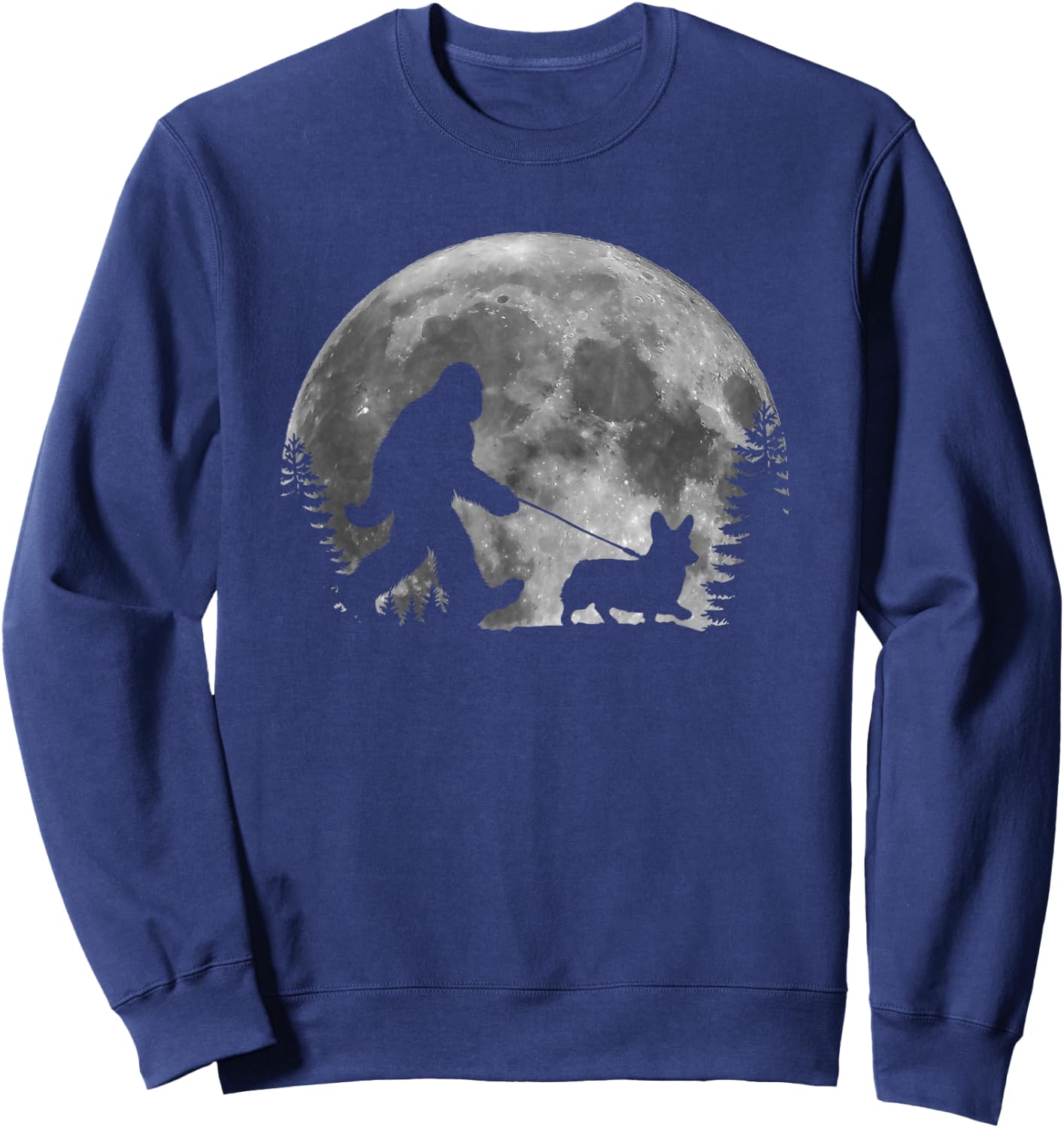 Bigfoot Walking a Dog Funny Corgi Lovers Moon Halloween Sweatshirt - Sweatshirt | Navy