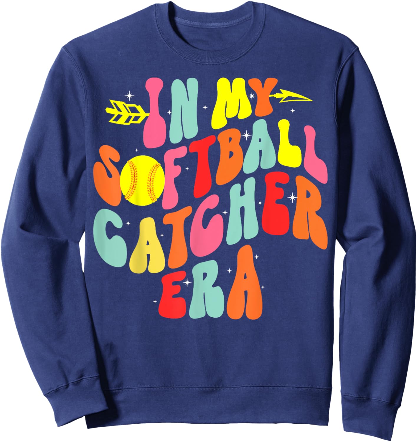 In My Softball Catcher Era Groovy Softball Player Game Day Sweatshirt - Sweatshirt | Navy