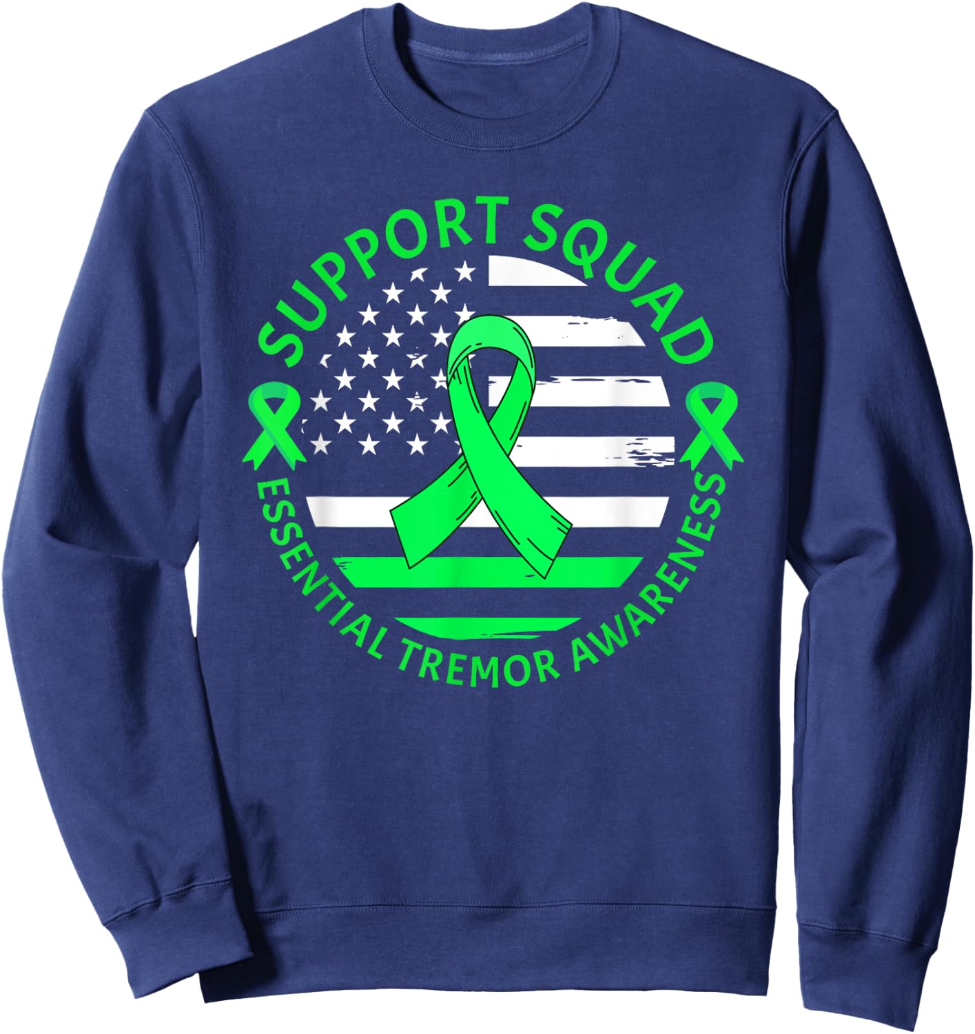 Essential Tremor Support Squad Warrior Green Ribbon USA Flag Sweatshirt - Sweatshirt | Navy