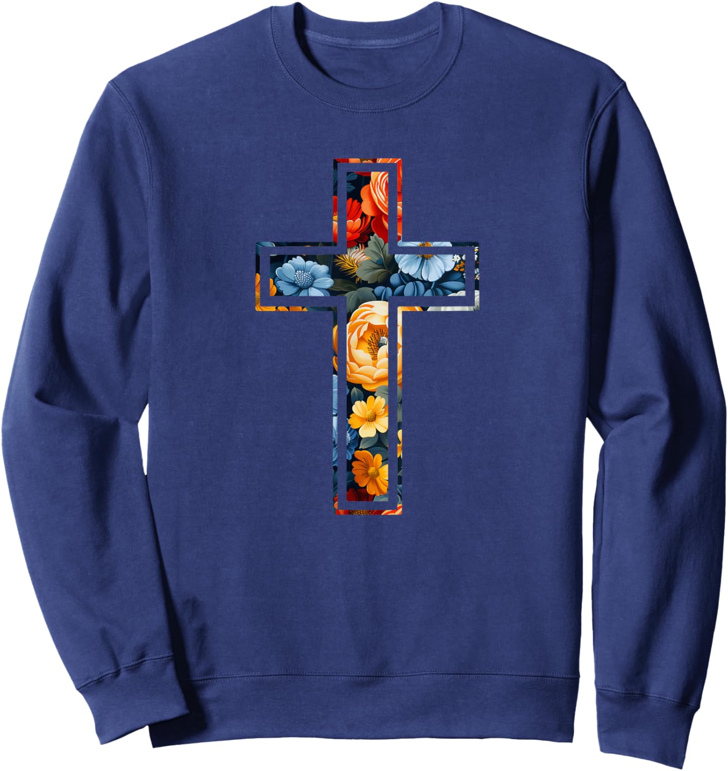 Elegant Silhouette Flowers Faith Floral Christian Cross Sweatshirt - Sweatshirt | Navy
