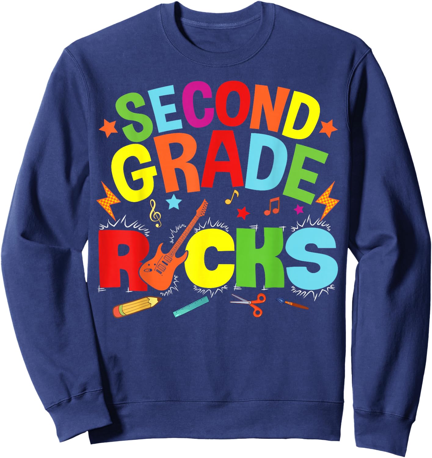 Hello 2nd Grade Rocks Teacher Team Vibes Rockstar Sweatshirt - Sweatshirt | Navy