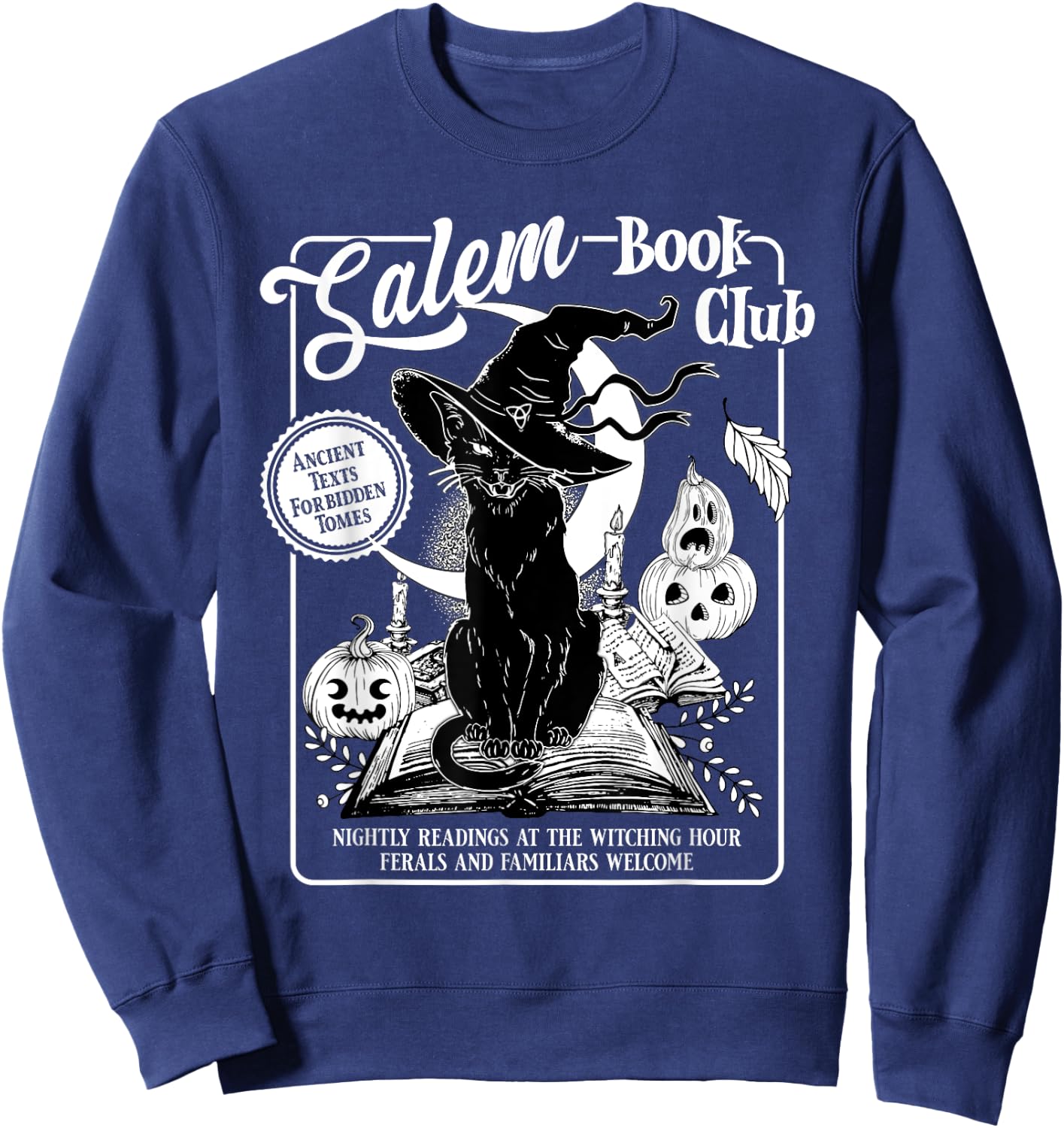Salem Witch Book Club Bookish Retro Halloween Black Cat Men Women Kids Sweatshirt - Sweatshirt | Navy