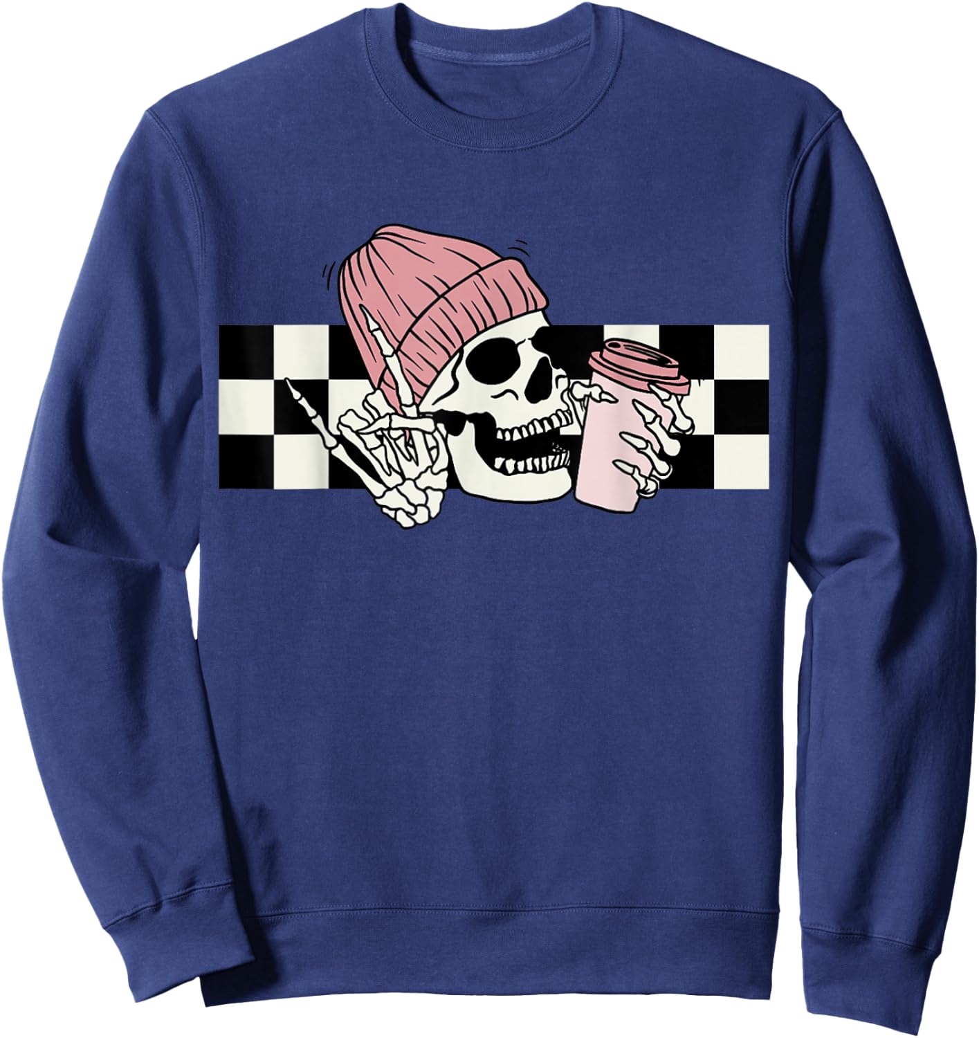 Skeleton Peace Sign Coffee Checkerboard Sweatshirt - Sweatshirt | Navy