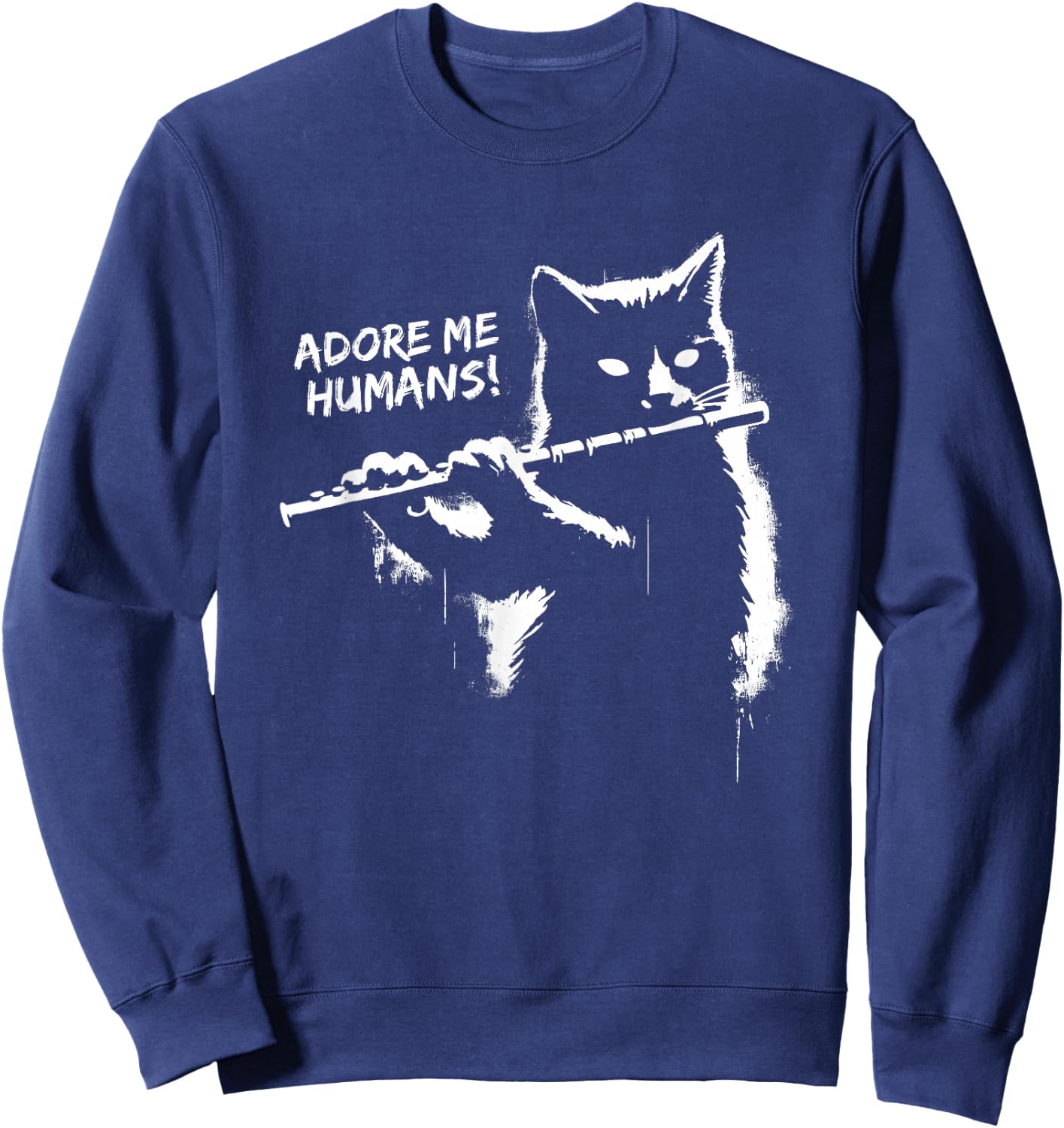 Retro Cat Apparel Gifts Black Cat Playing Flute - Funny Graphic Cat Kitten Lover , Small Sweatshirt - Sweatshirt | Navy