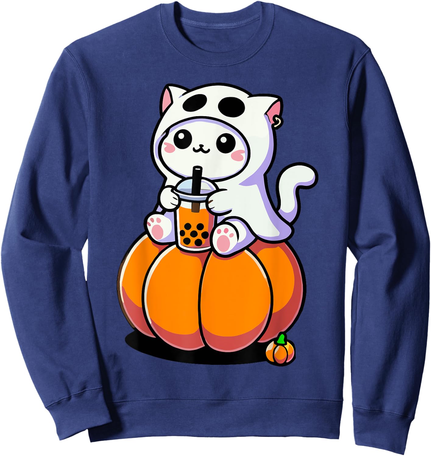 Cute Halloween Cat in Ghost Costume Drinking Boba Tea Men Women Kids Sweatshirt - Sweatshirt | Navy